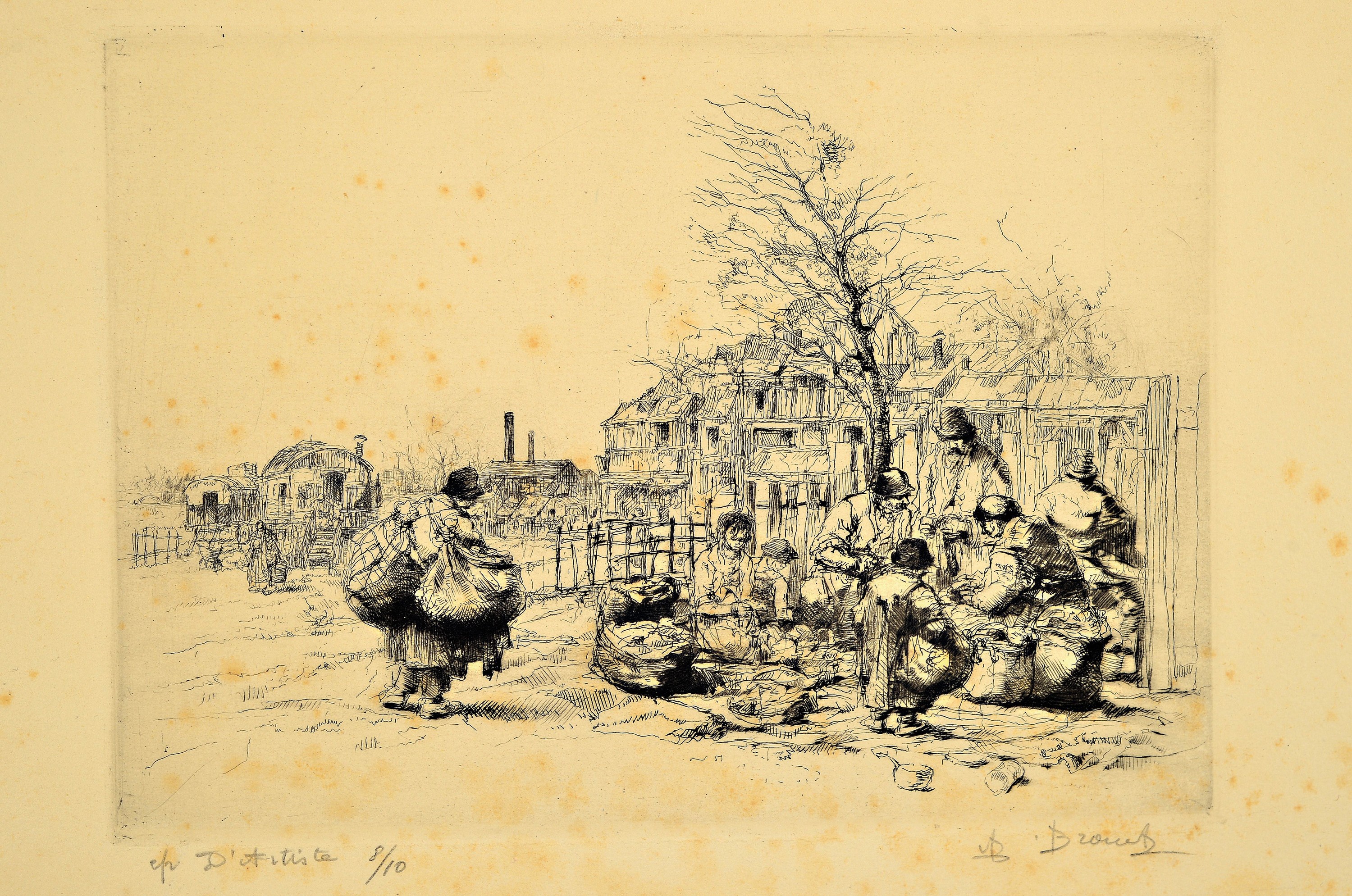Detail k: Auguste Brouet, 1872-1941, 2 Radierungen: a) Antiquitätenhändler in seinem Geschäft, sign., bez. Epr.d'artiste, ca. 13x18cm, ausserhalb der ...