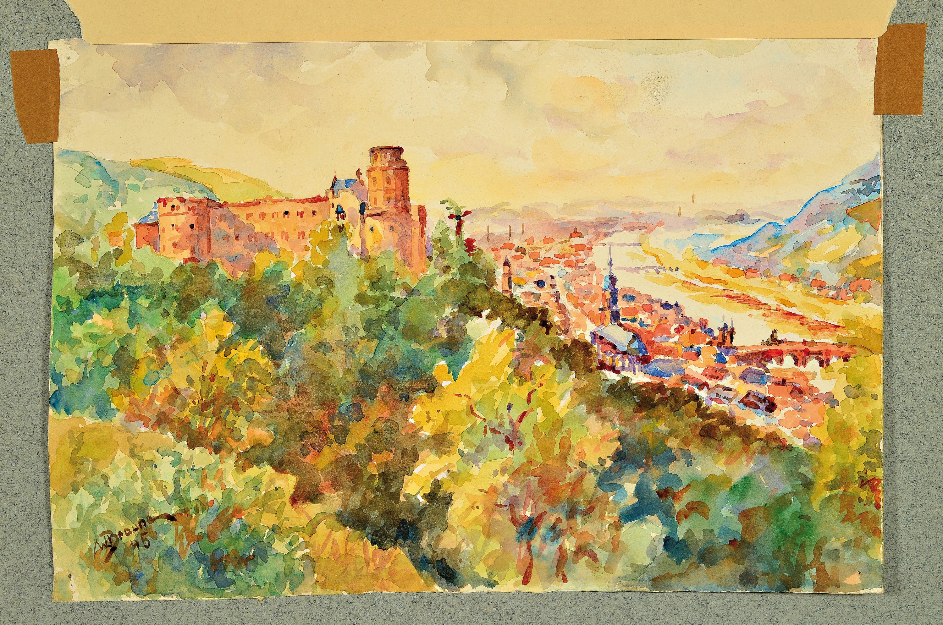 Detail k: W. Braune, Künstler des 20.Jh., Aquarell, Blick über das Schloß Heidelberg auf die Altstadt, signiert und datiert 1945, ungerahmt, Blatt 19x28 cm