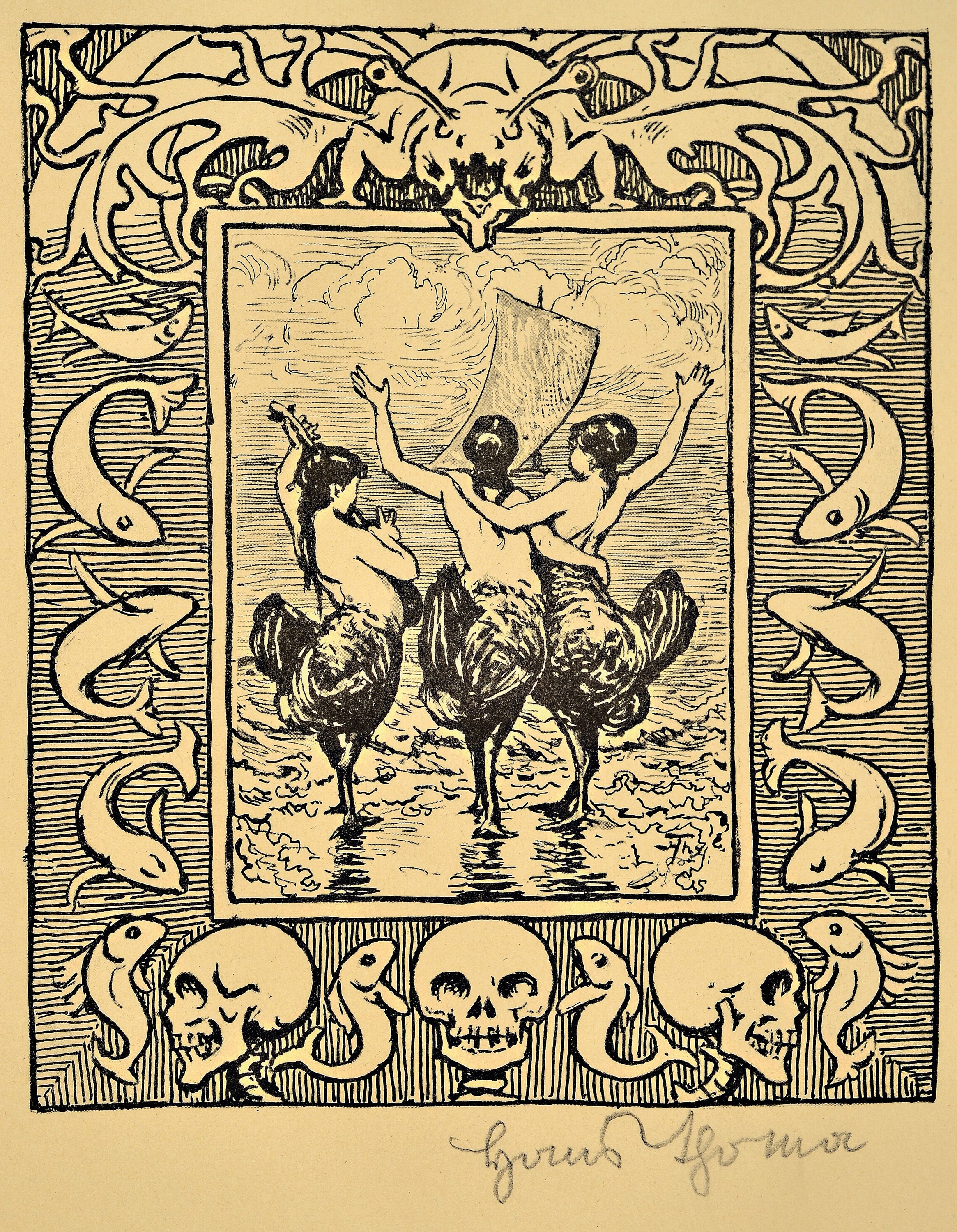 Hans Thoma, 1839 Bernau-1924 Karlsruhe, 2 Lithographien, "Der zudringliche Faun", 25x33 cm, "Drei Sirenen", 33x28 cm, je ...