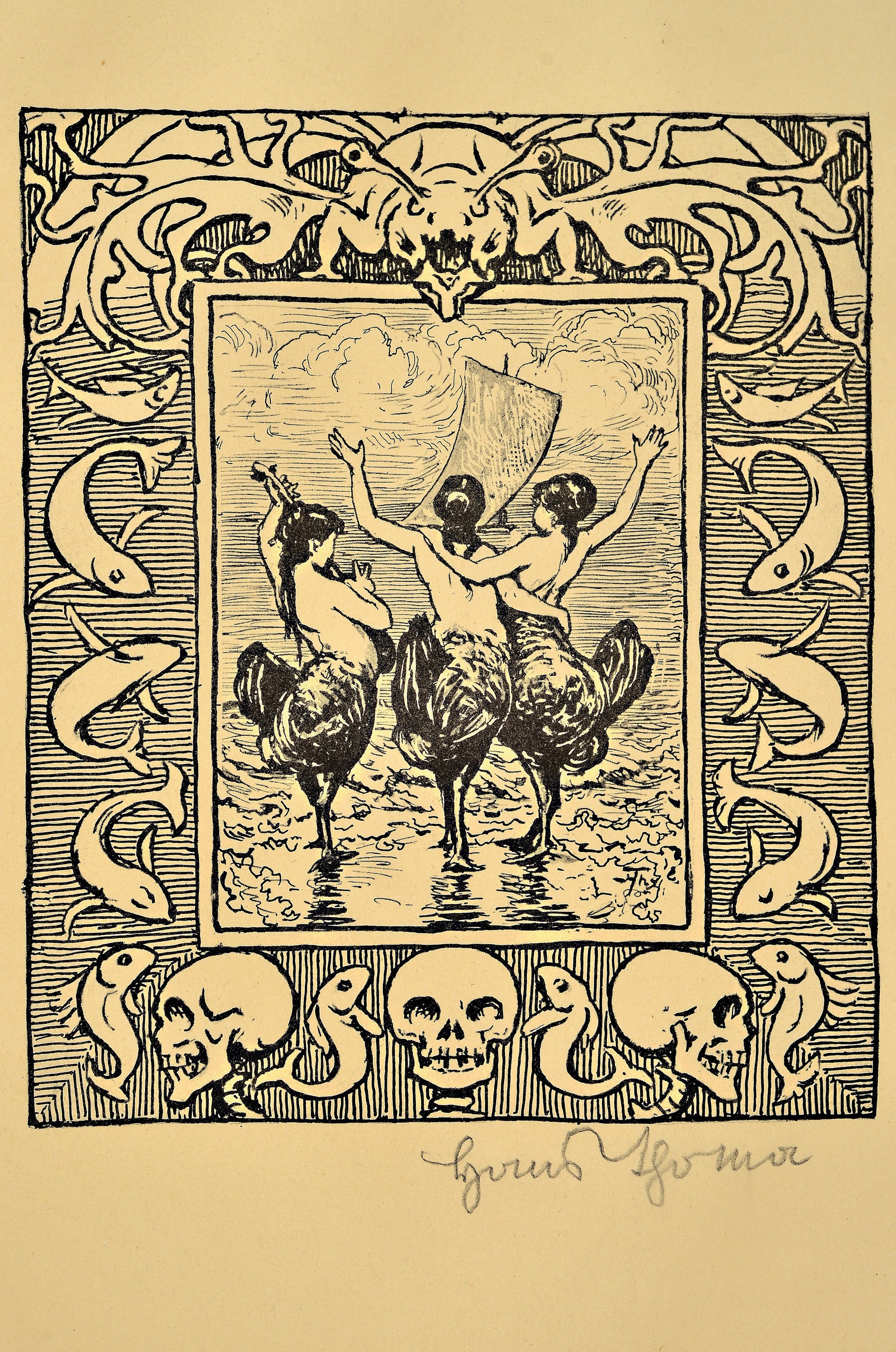 Detail k: Hans Thoma, 1839 Bernau-1924 Karlsruhe, 2 Lithographien, "Der zudringliche Faun", 25x33 cm, "Drei Sirenen", 33x28 cm, je ...