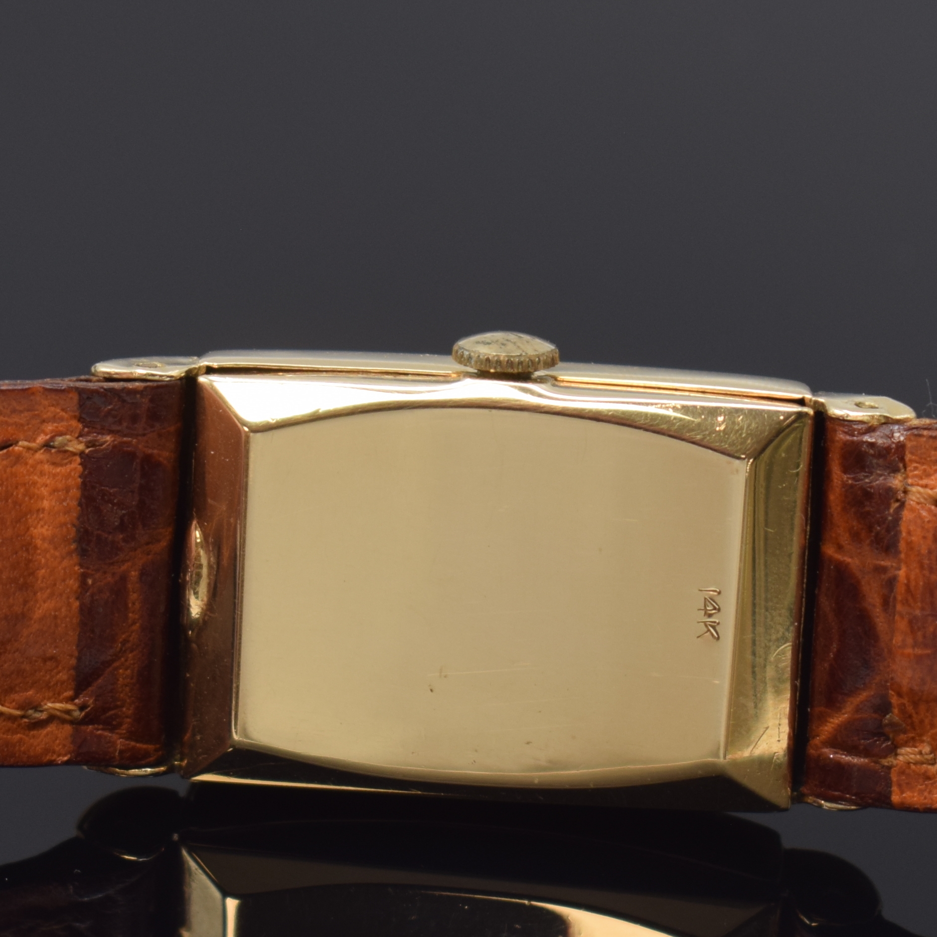 Detail c: HAMILTON Armbanduhr in GG 585/000, USA um 1945, Handaufzug, neutrales Geh., Boden aufgedr., verd. Bandanst., schwarzes mit Diamanten bes. Zifferbl. ...