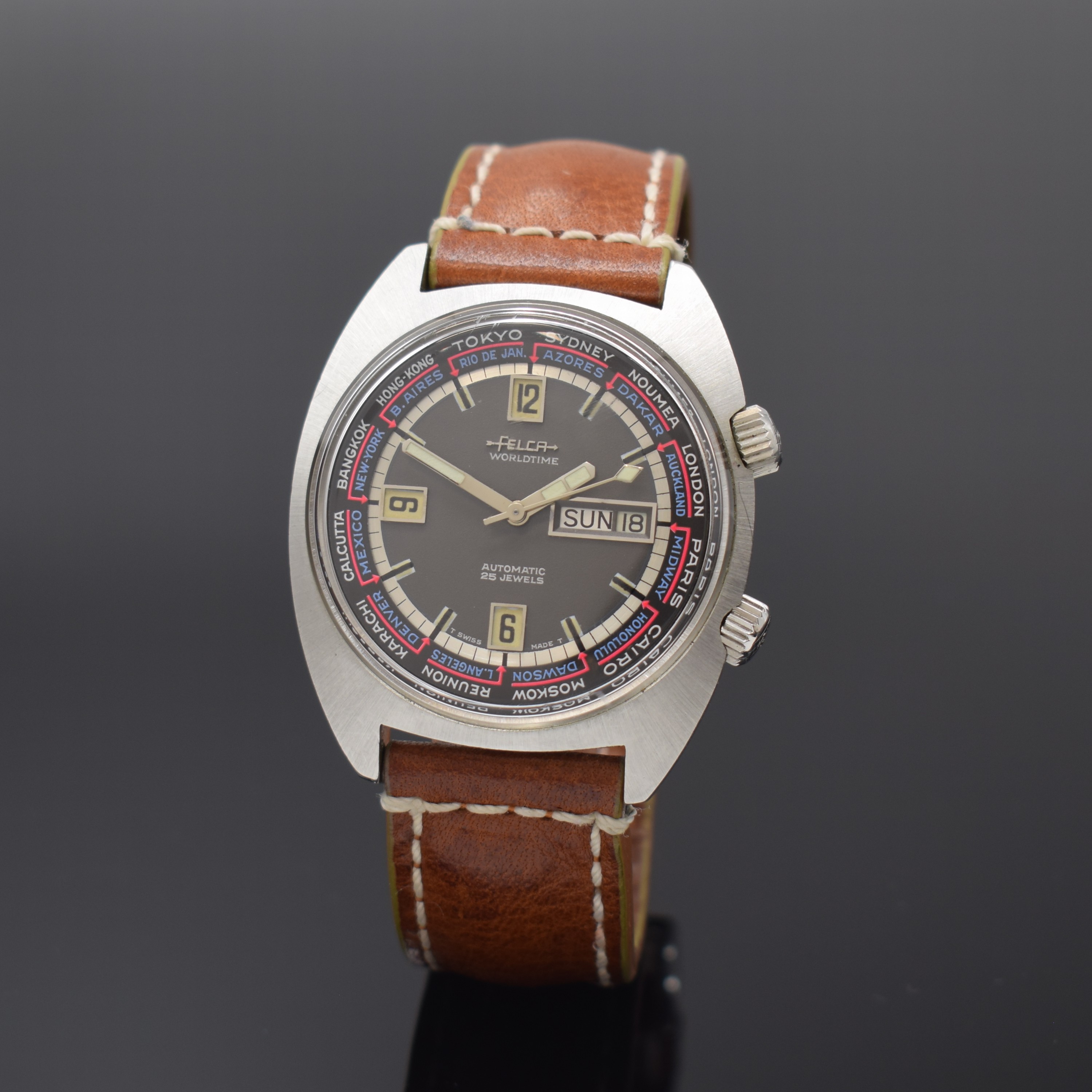 FELCA Worldtime seltene Herrenarmbanduhr Referenz 8100, Automatik, Schweiz um 1970, Edelstahl Super-Compressor-Gehäuse, Boden verschr., ...