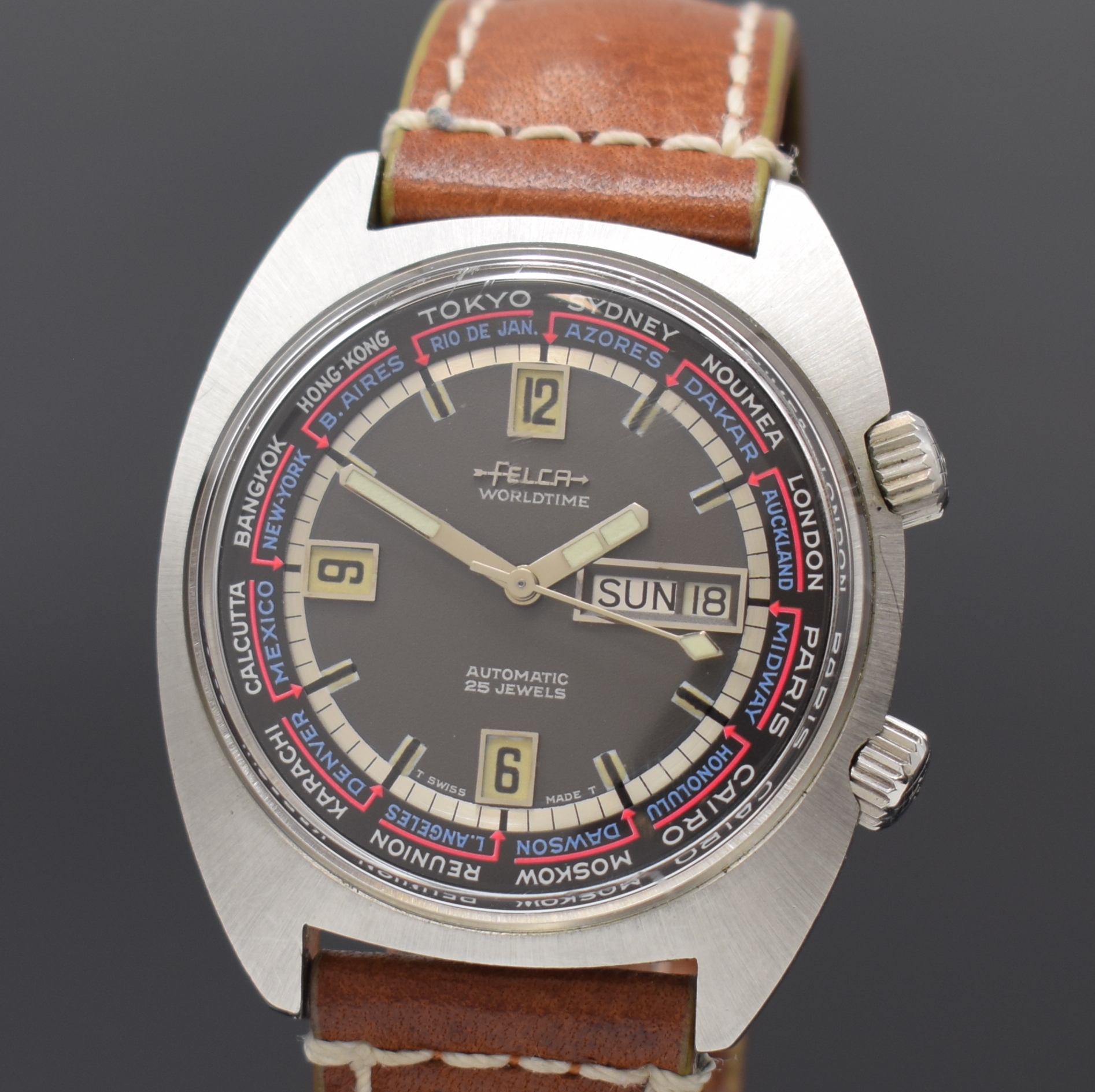 Detail a: FELCA Worldtime seltene Herrenarmbanduhr Referenz 8100, Automatik, Schweiz um 1970, Edelstahl Super-Compressor-Gehäuse, Boden verschr., ...