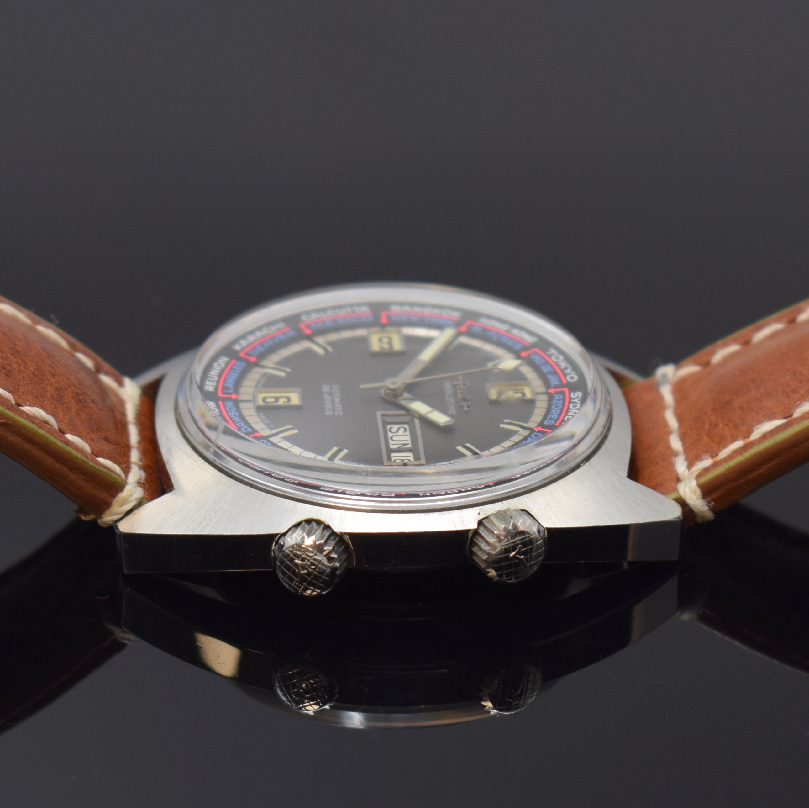 Detail c: FELCA Worldtime seltene Herrenarmbanduhr Referenz 8100, Automatik, Schweiz um 1970, Edelstahl Super-Compressor-Gehäuse, Boden verschr., ...