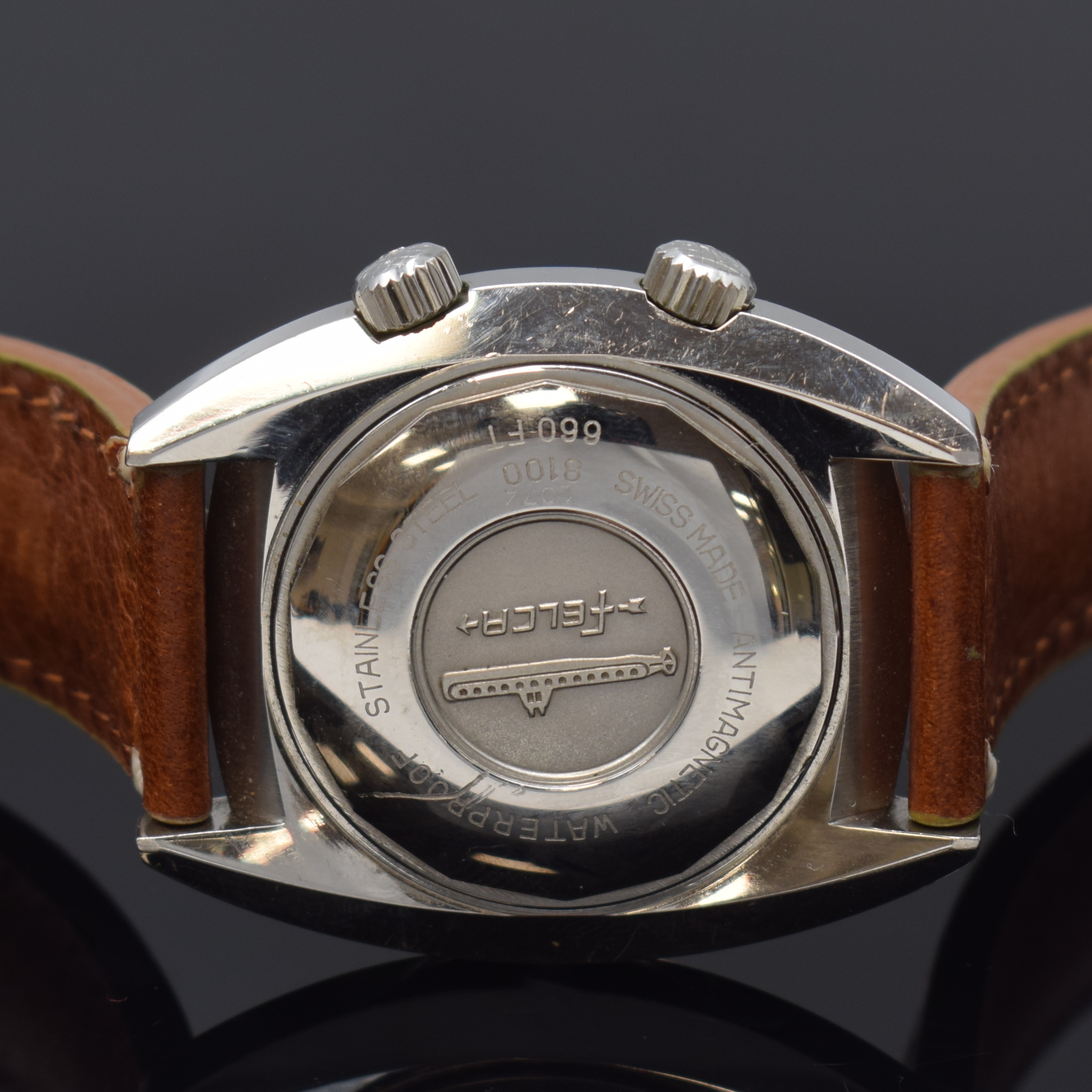 Detail d: FELCA Worldtime seltene Herrenarmbanduhr Referenz 8100, Automatik, Schweiz um 1970, Edelstahl Super-Compressor-Gehäuse, Boden verschr., ...