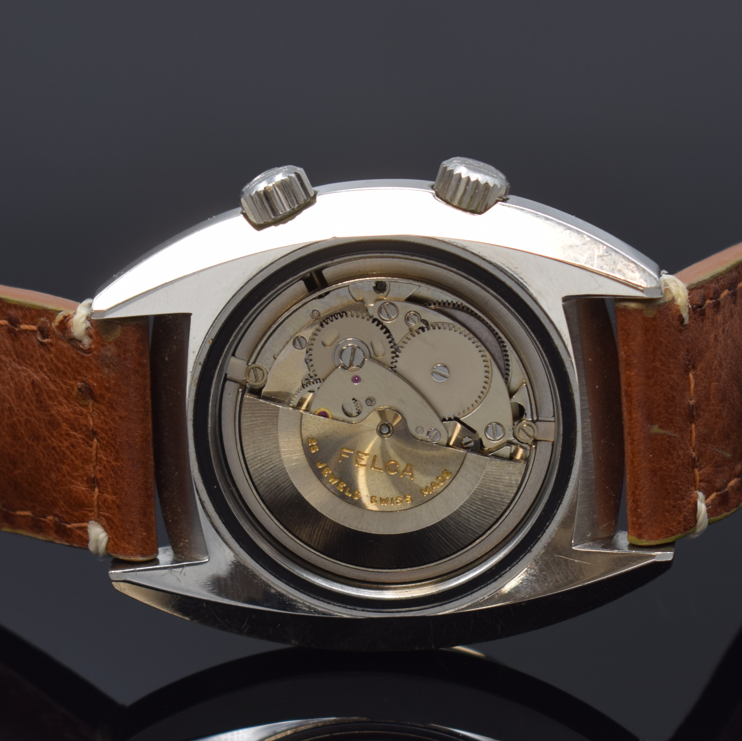 Detail e: FELCA Worldtime seltene Herrenarmbanduhr Referenz 8100, Automatik, Schweiz um 1970, Edelstahl Super-Compressor-Gehäuse, Boden verschr., ...