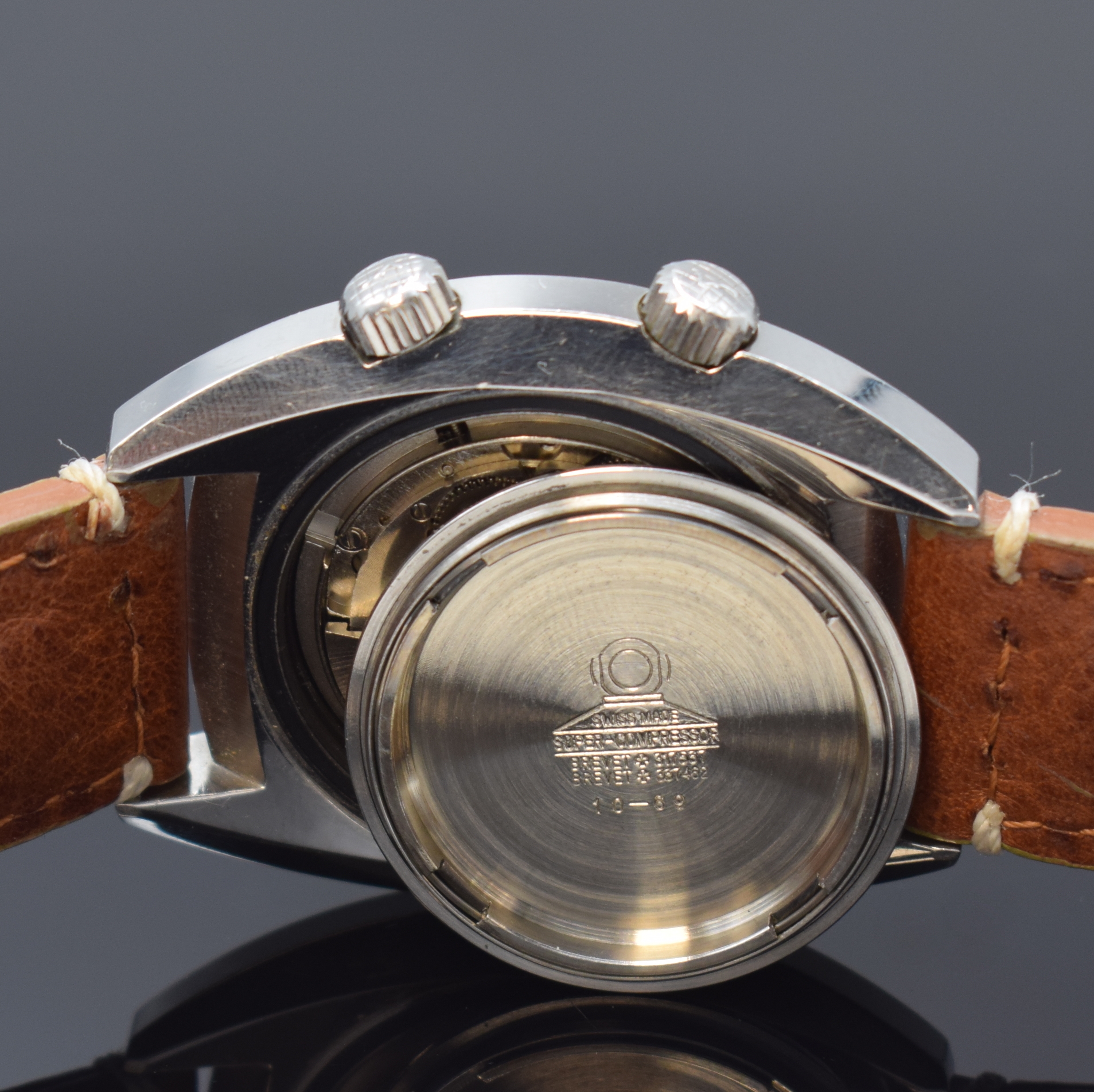 Detail g: FELCA Worldtime seltene Herrenarmbanduhr Referenz 8100, Automatik, Schweiz um 1970, Edelstahl Super-Compressor-Gehäuse, Boden verschr., ...