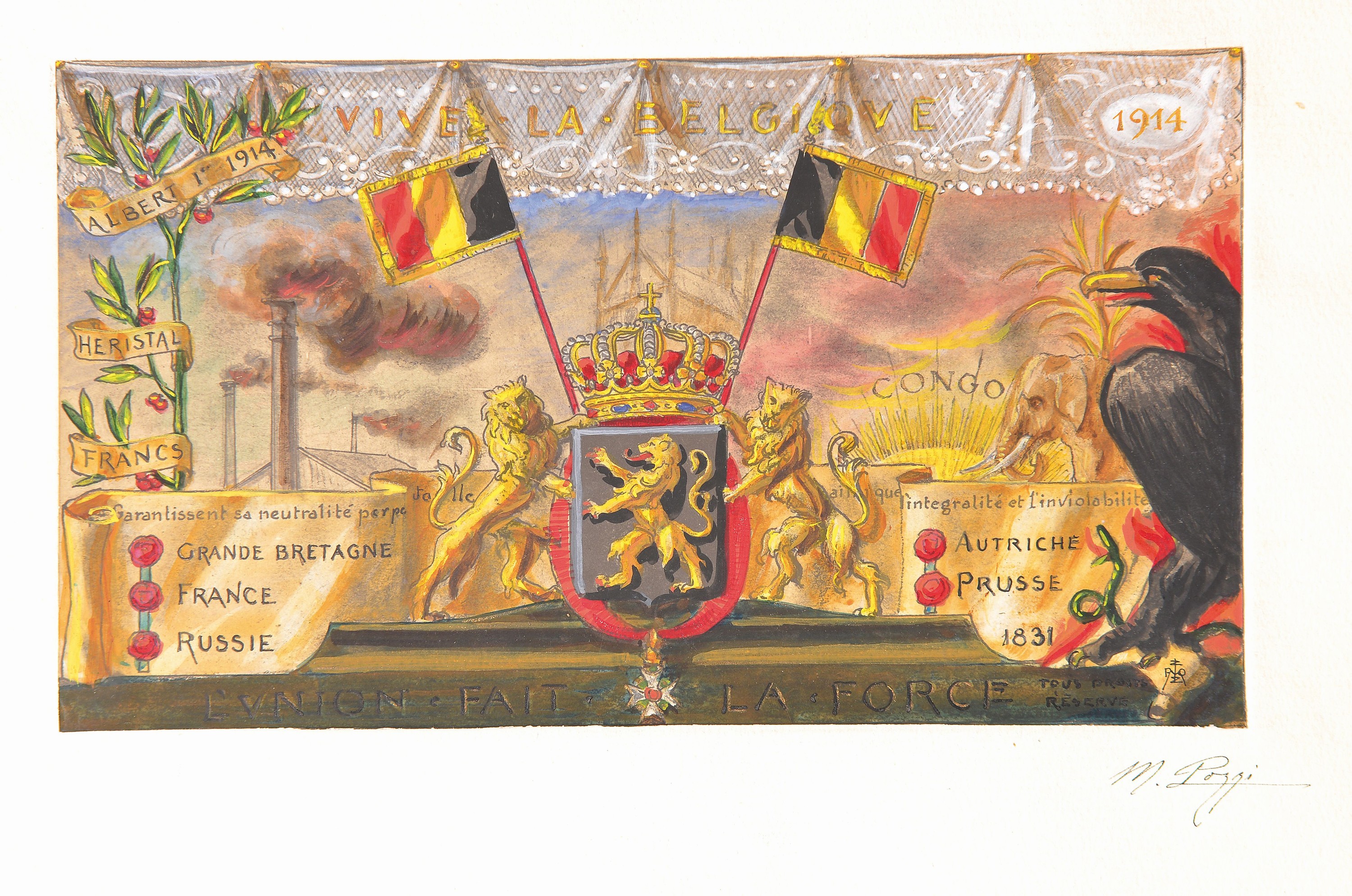 Detail a: M. Pozzi: handgemalte belgische Propagandakarte im Gedenken an die Belgische Revolution von 1831, 1914, Mischtechnik auf Papier, "Vive-La ...