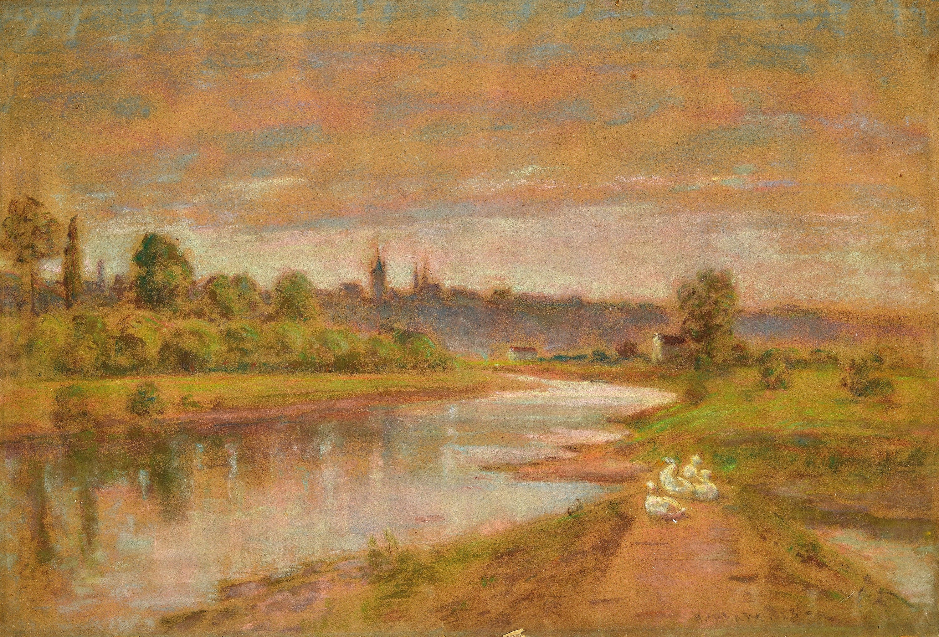 Johannes Marx, 1866 Heidelberg-1933/37, zwei Pastellzeichnungen, Neckarlandschaften mit Gänsen, je handsigniert, 33x49 cm