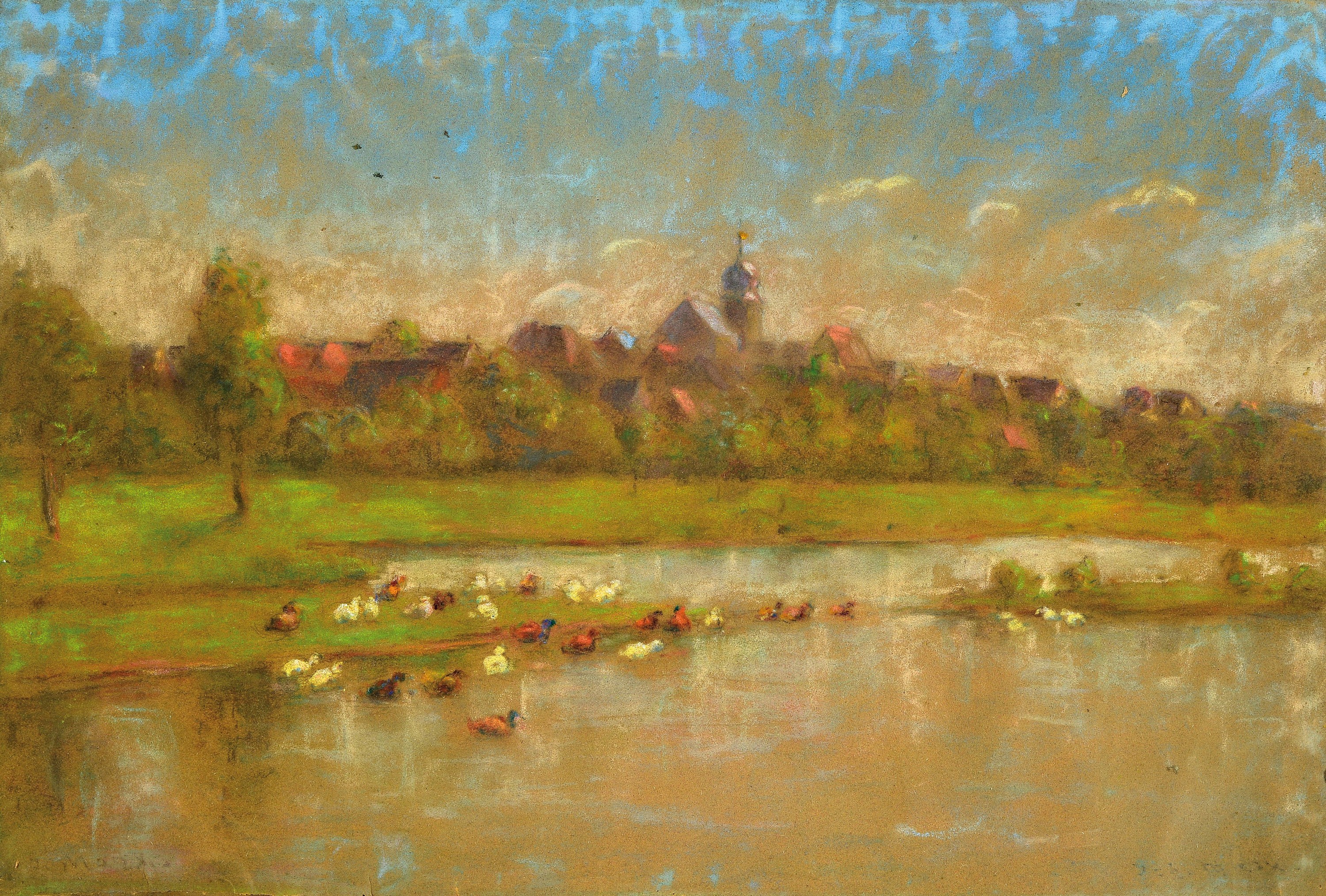Detail a: Johannes Marx, 1866 Heidelberg-1933/37, zwei Pastellzeichnungen, Neckarlandschaften mit Gänsen, je handsigniert, 33x49 cm