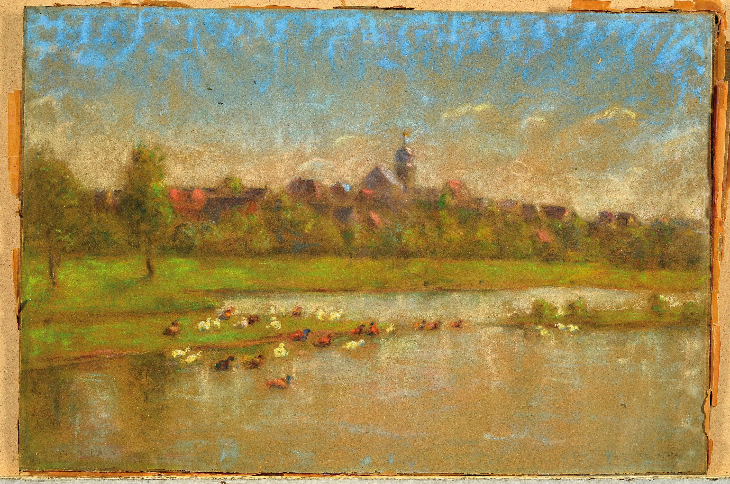 Detail l: Johannes Marx, 1866 Heidelberg-1933/37, zwei Pastellzeichnungen, Neckarlandschaften mit Gänsen, je handsigniert, 33x49 cm