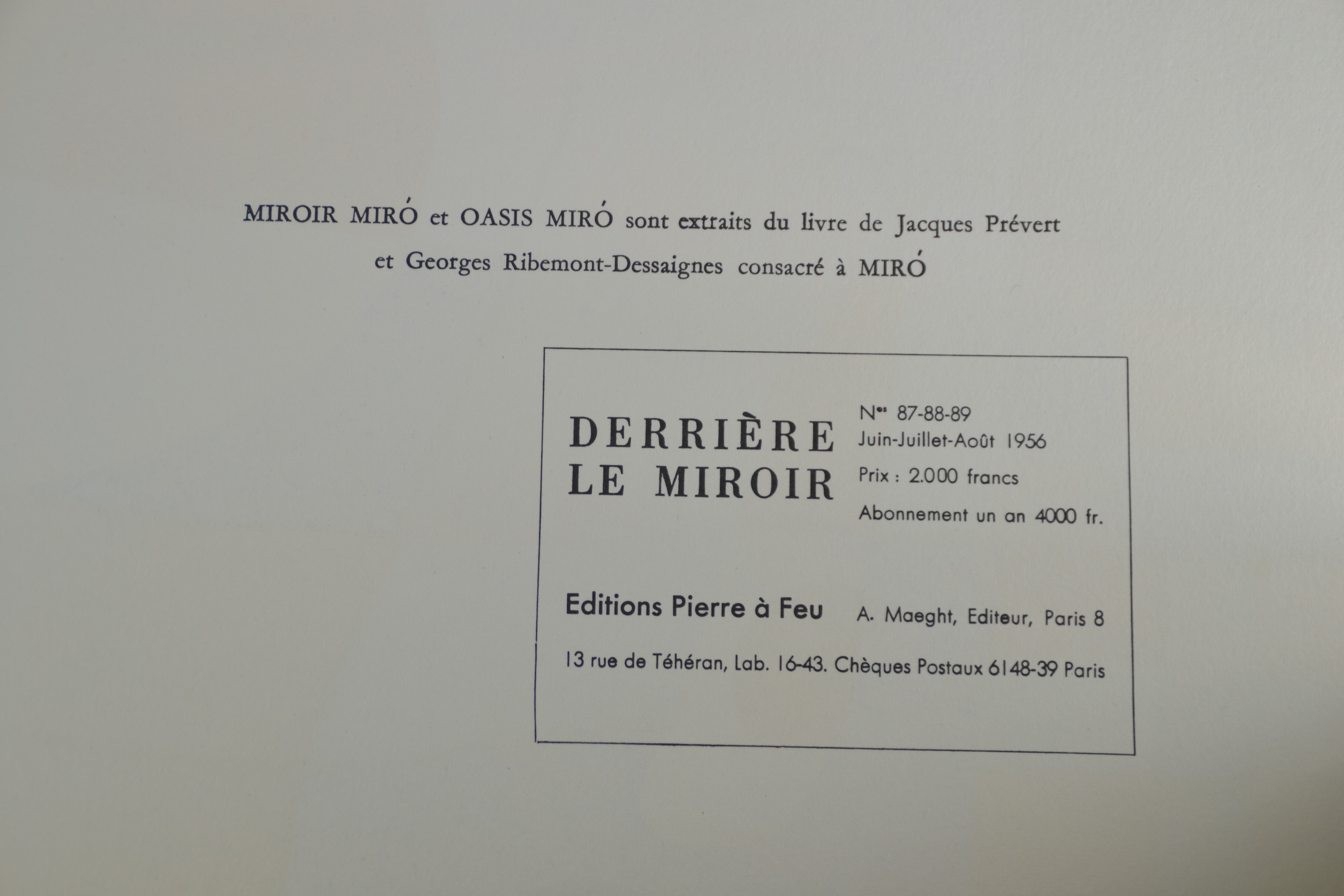 Detail h: 2 Ausgaben Derriere Le Miroir, Paris, Maeght 1956 und 1968, gr.4°, No. 87-88-89 (Juni -August) 1956, "Miro et Llorens-Artigas, mit ...