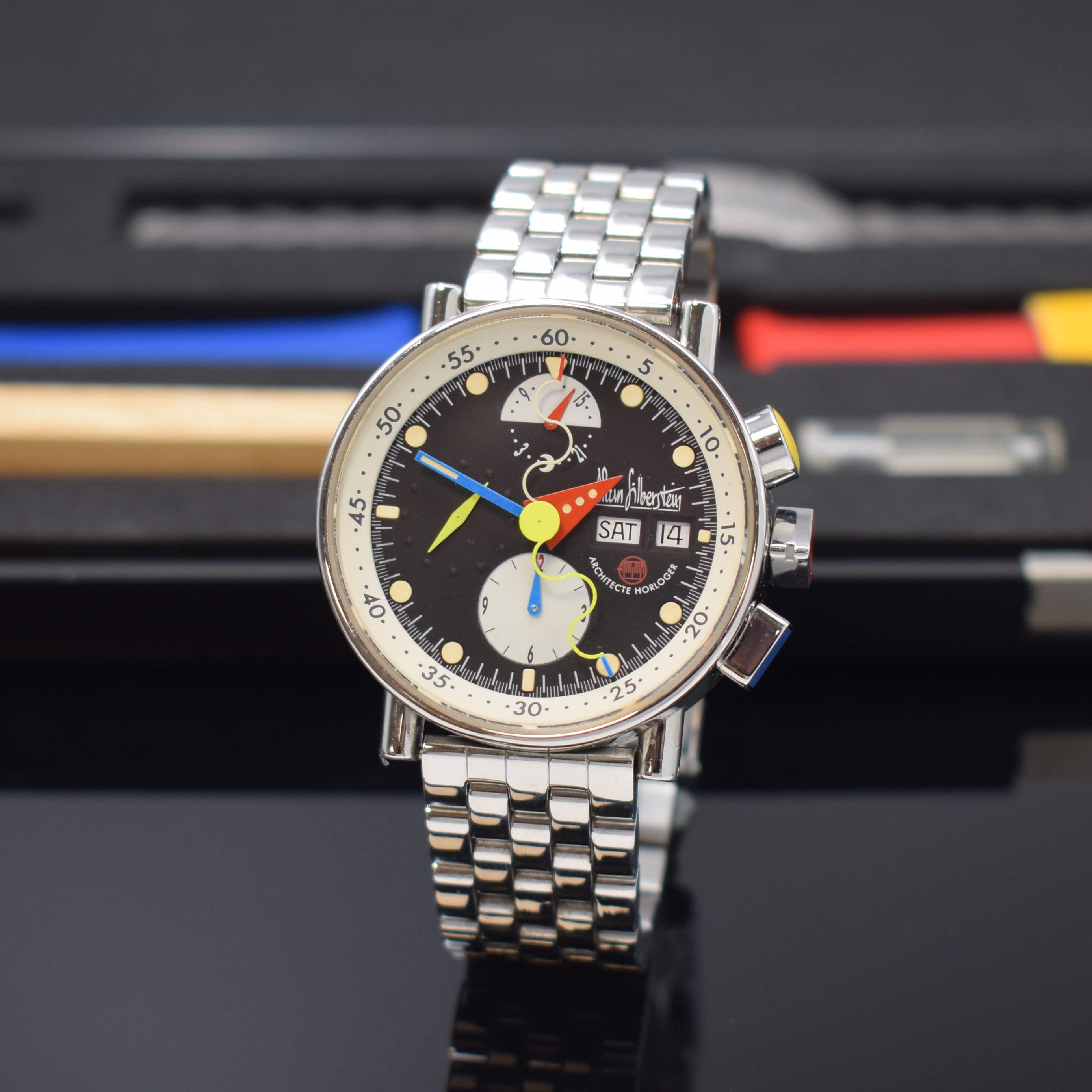 ALAIN SILBERSTEIN Krono Bauhaus auf 500 Stück limitierter Armbandchronograph, Schweiz / Frankreich um 1995, verschr. Edelstahlgeh. inkl. orig. ...