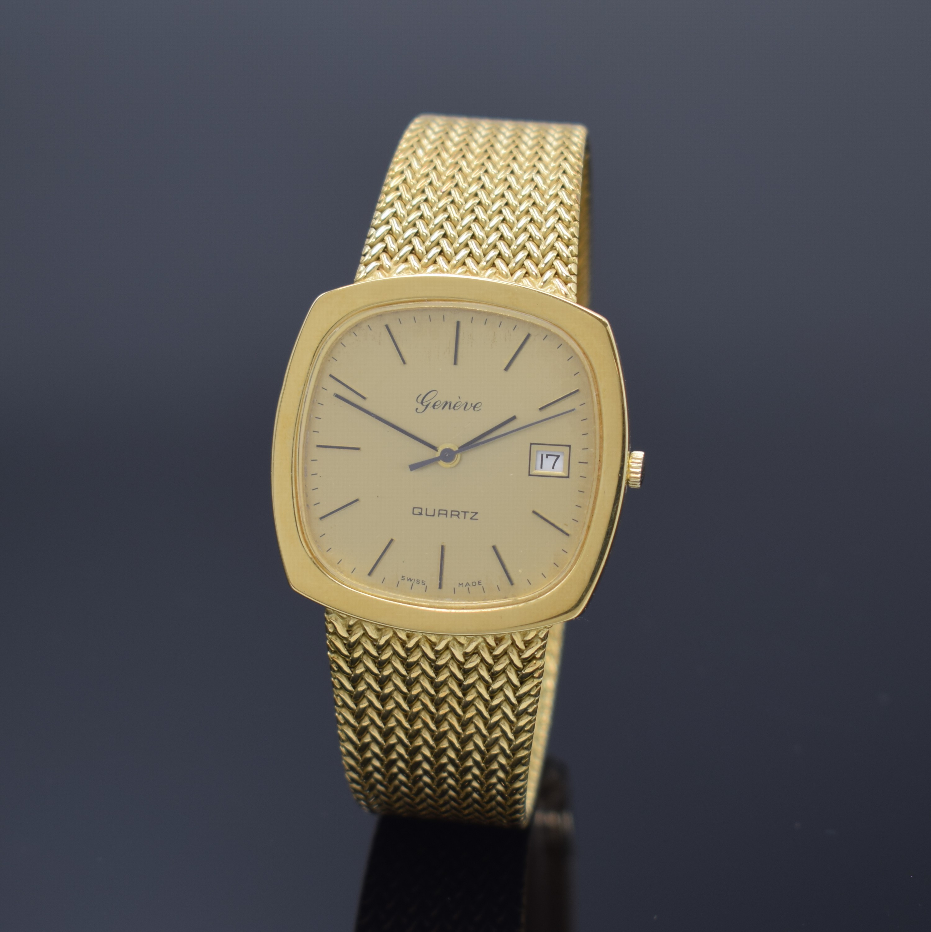 GENEVE Armbanduhr in GG 750/000, Schweiz um 1975, quarz, Boden aufgedr., goldfarb. Zifferbl. m. aufgel. Std.-Ind., schwarze Zeiger, Datum b. 3, M. ...