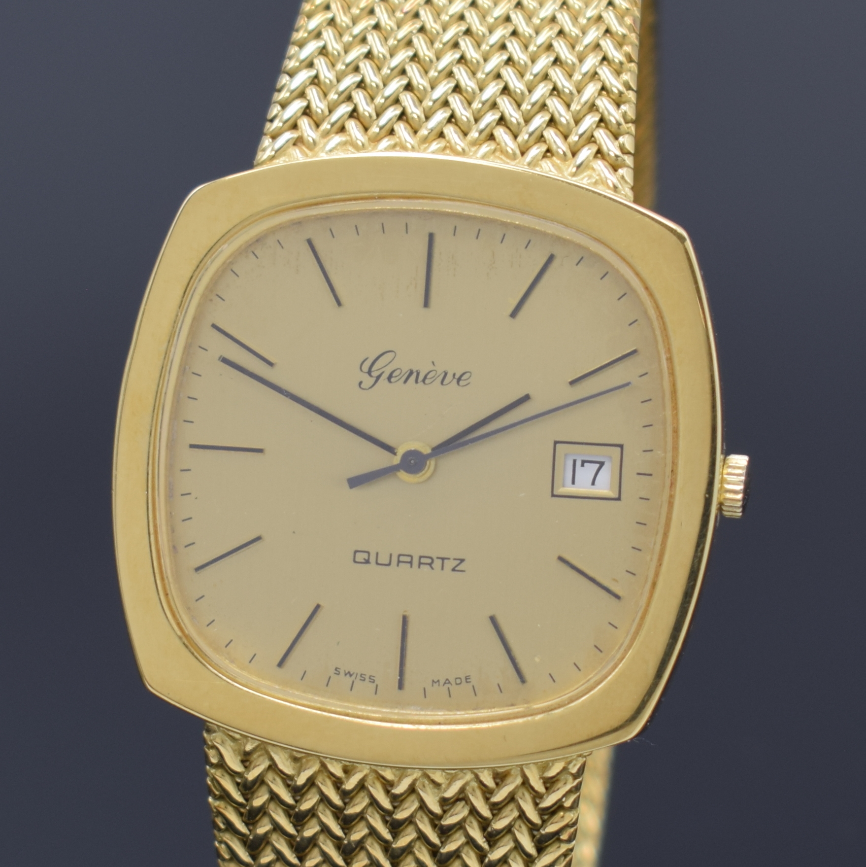 Detail a: GENEVE Armbanduhr in GG 750/000, Schweiz um 1975, quarz, Boden aufgedr., goldfarb. Zifferbl. m. aufgel. Std.-Ind., schwarze Zeiger, Datum b. 3, M. ...
