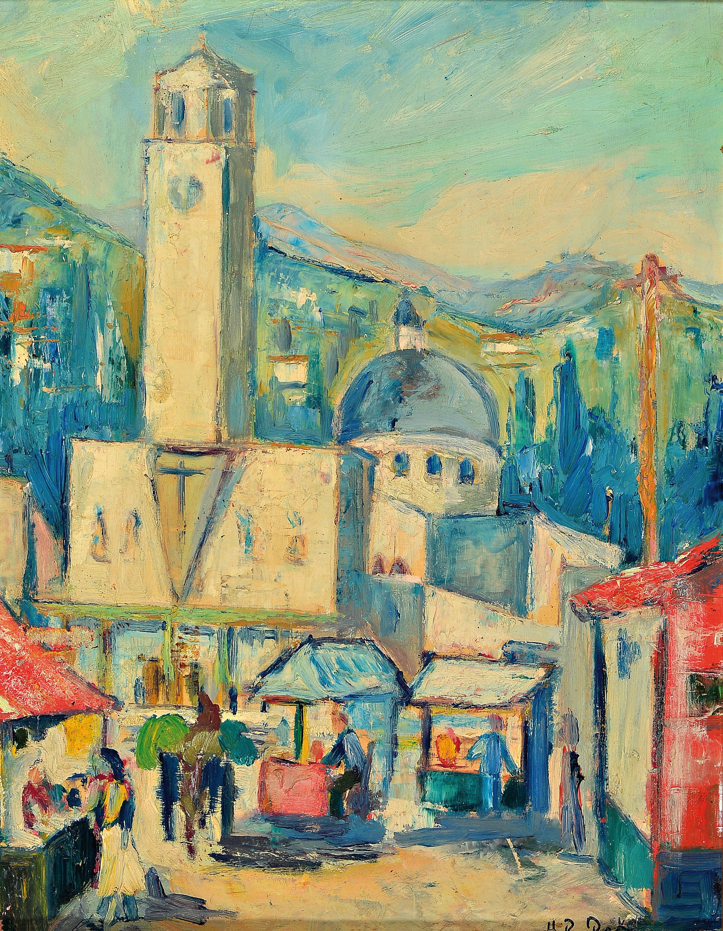 Hans Rolf Peter, 1926-2020, "neue Kirche in Sankt Gallen", signiert, Öl/Karton, Rahmen 54x44 cm, dazu Litho von Neustadt/W. Marktplatz mit ...