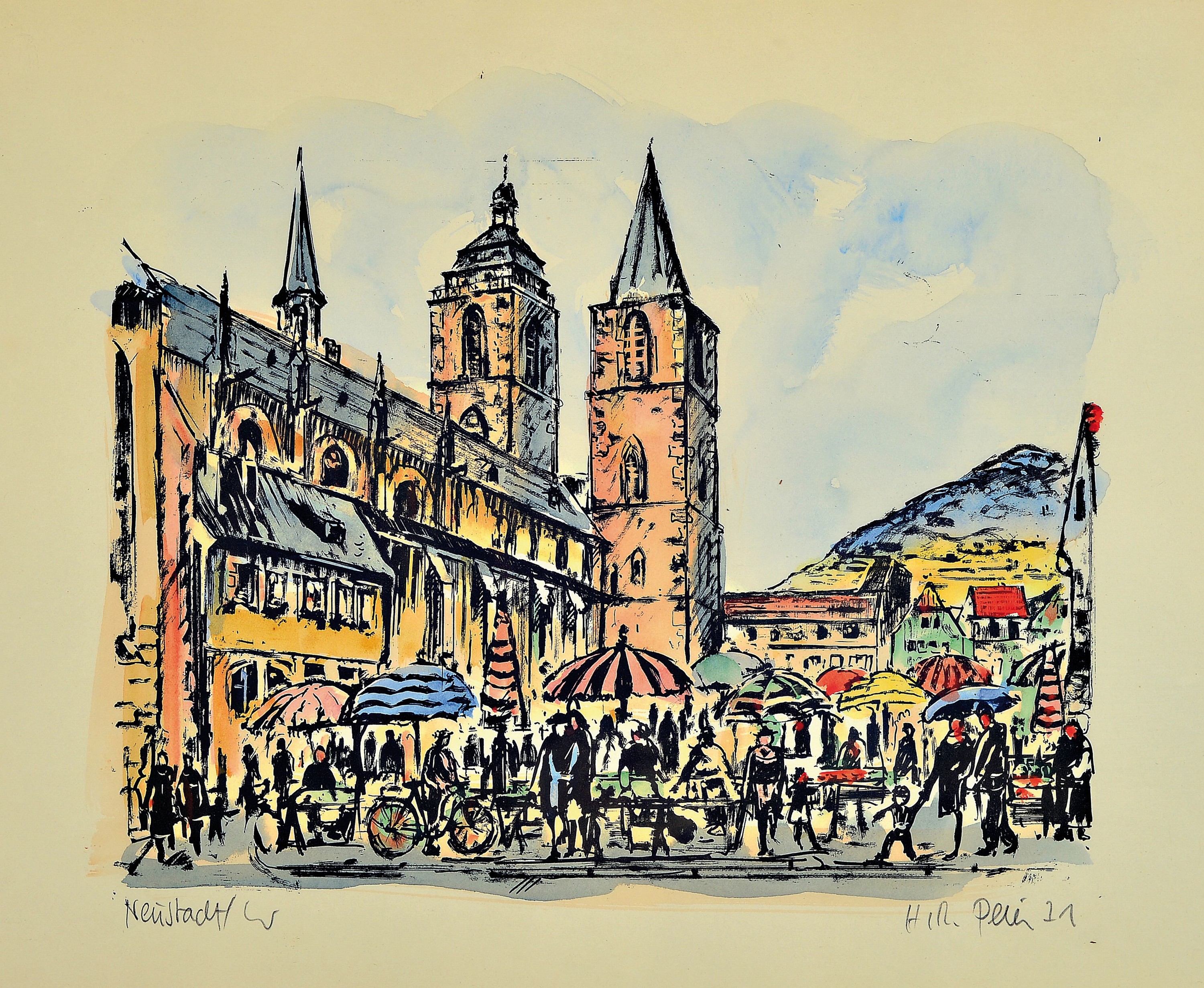 Detail a: Hans Rolf Peter, 1926-2020, "neue Kirche in Sankt Gallen", signiert, Öl/Karton, Rahmen 54x44 cm, dazu Litho von Neustadt/W. Marktplatz mit ...