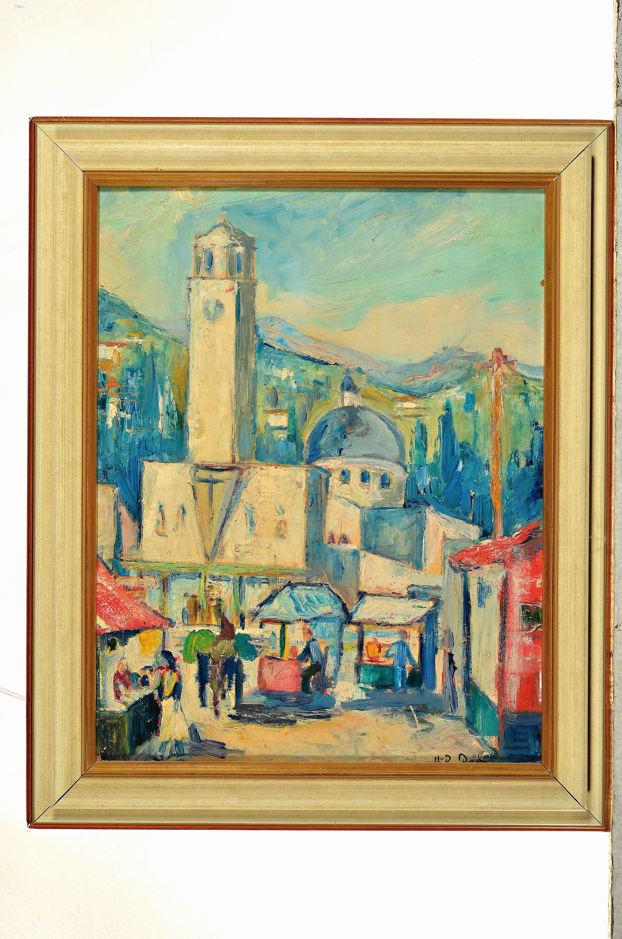 Detail k: Hans Rolf Peter, 1926-2020, "neue Kirche in Sankt Gallen", signiert, Öl/Karton, Rahmen 54x44 cm, dazu Litho von Neustadt/W. Marktplatz mit ...