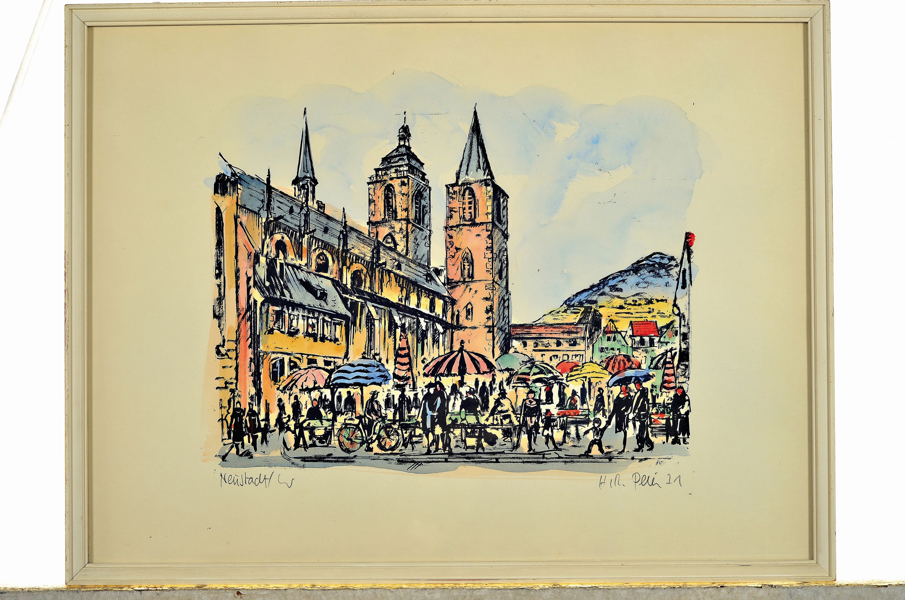 Detail l: Hans Rolf Peter, 1926-2020, "neue Kirche in Sankt Gallen", signiert, Öl/Karton, Rahmen 54x44 cm, dazu Litho von Neustadt/W. Marktplatz mit ...