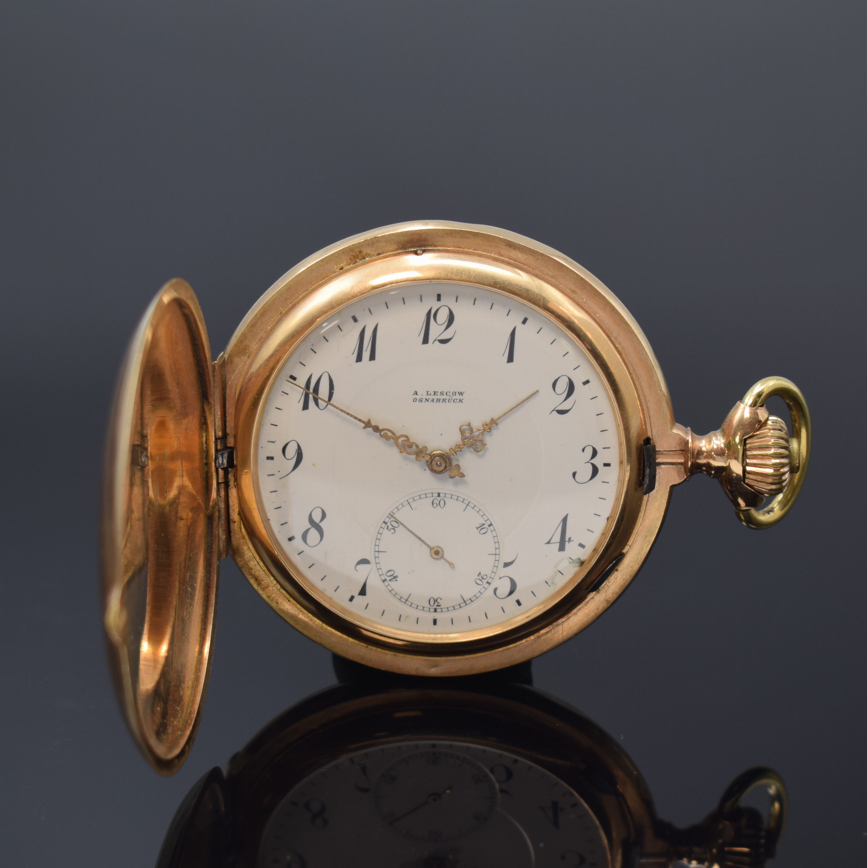 ALBERT LESCOW OSNABRÜCK Savonette Herrentaschenuhr in RG 585/000, Schweiz/Deutschland um 1910, glattes, 3 Deckel-Goldgeh. dell., ?-Goutte-Schlösse, ...