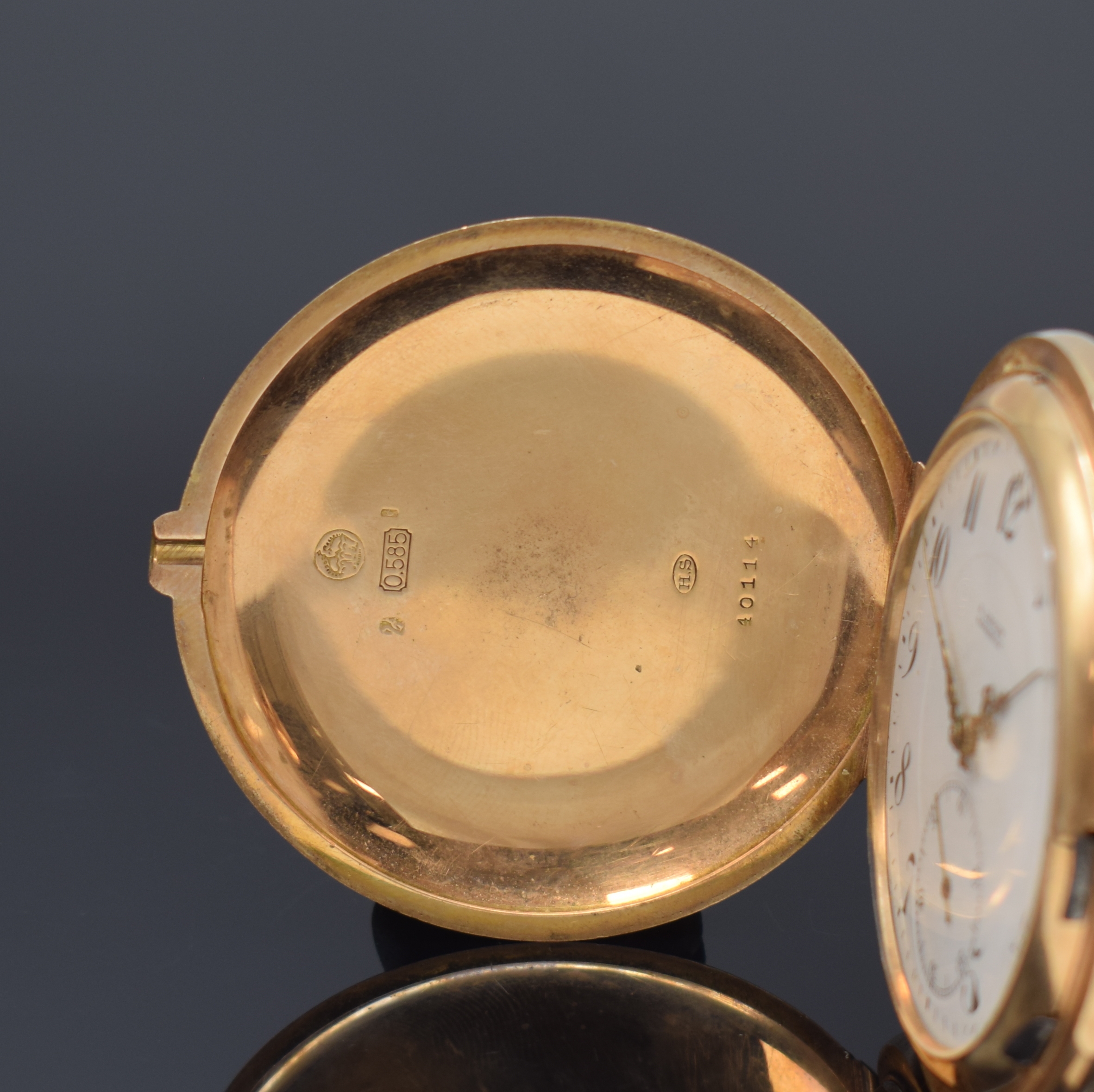 Detail a: ALBERT LESCOW OSNABRÜCK Savonette Herrentaschenuhr in RG 585/000, Schweiz/Deutschland um 1910, glattes, 3 Deckel-Goldgeh. dell., ?-Goutte-Schlösse, ...