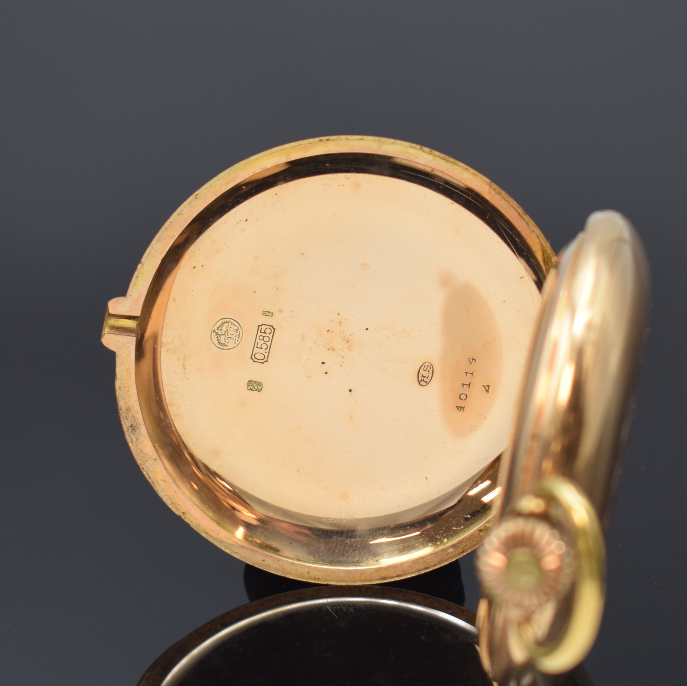 Detail d: ALBERT LESCOW OSNABRÜCK Savonette Herrentaschenuhr in RG 585/000, Schweiz/Deutschland um 1910, glattes, 3 Deckel-Goldgeh. dell., ?-Goutte-Schlösse, ...