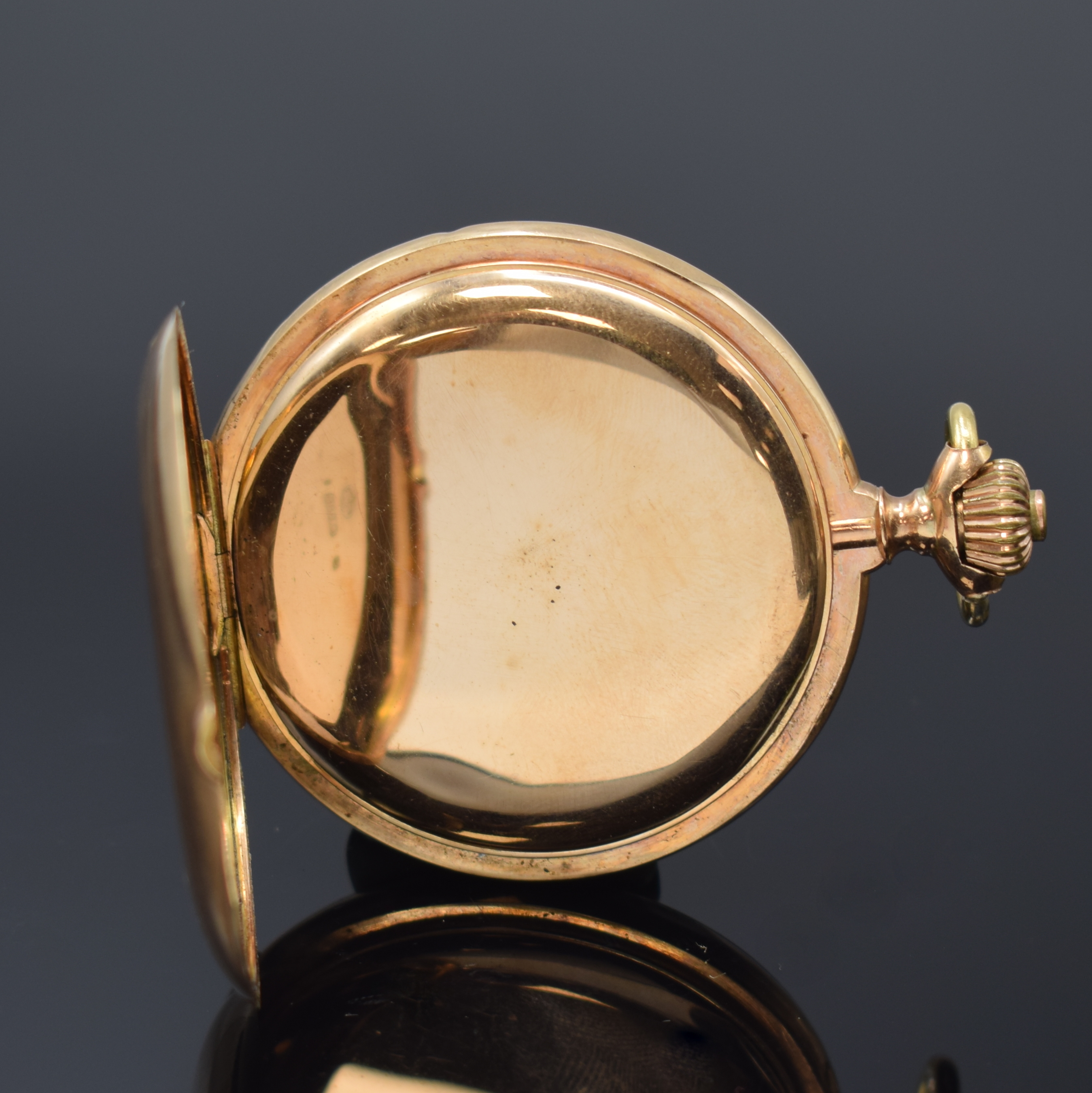 Detail e: ALBERT LESCOW OSNABRÜCK Savonette Herrentaschenuhr in RG 585/000, Schweiz/Deutschland um 1910, glattes, 3 Deckel-Goldgeh. dell., ?-Goutte-Schlösse, ...