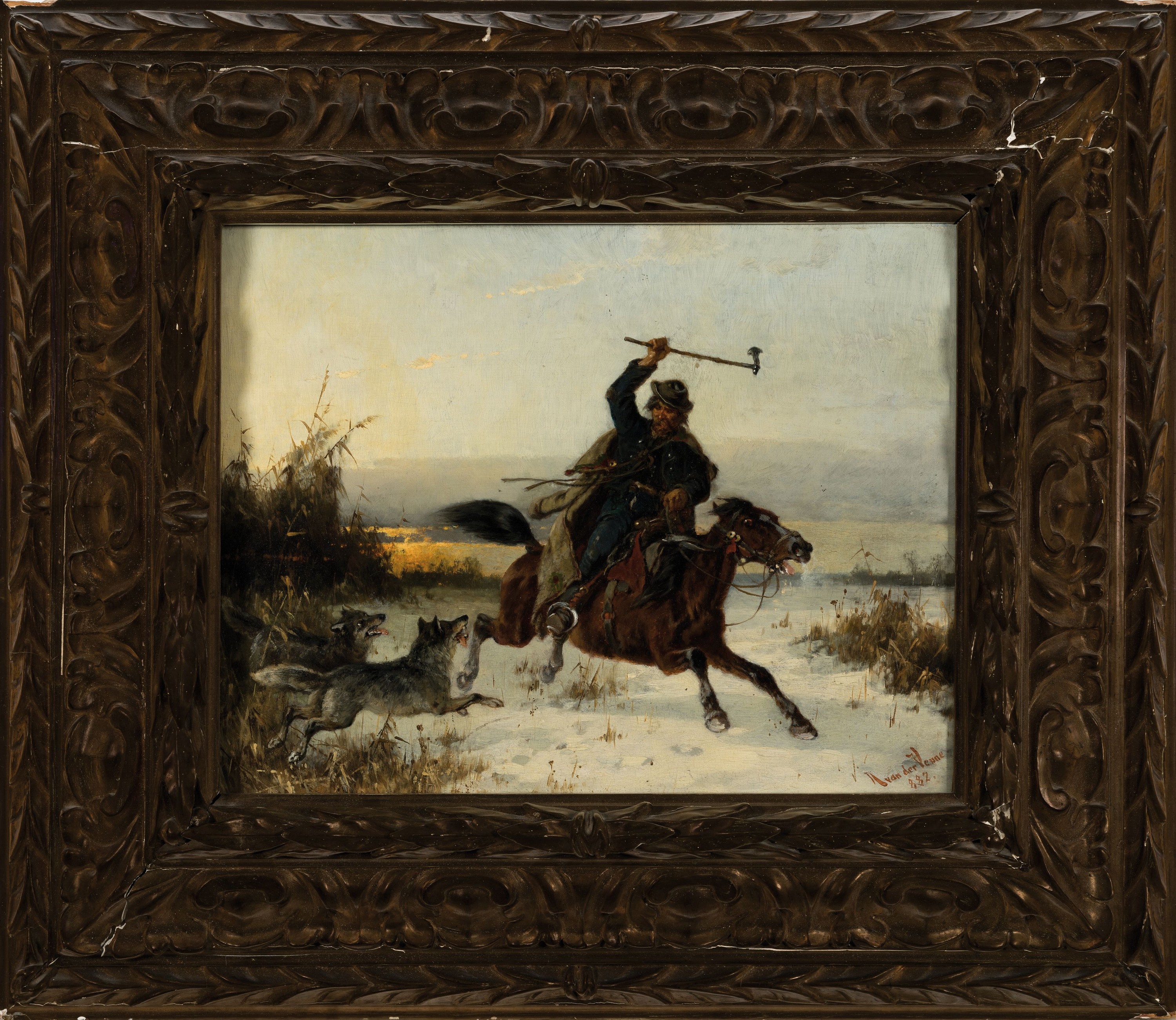 Detail k: Adolf van der Venne, Winterlandschaft, Angriff der Wölfe, Öl/Holz, re. unten signiert, ca. 29 x 36cm, Prunkrahmen l. best.