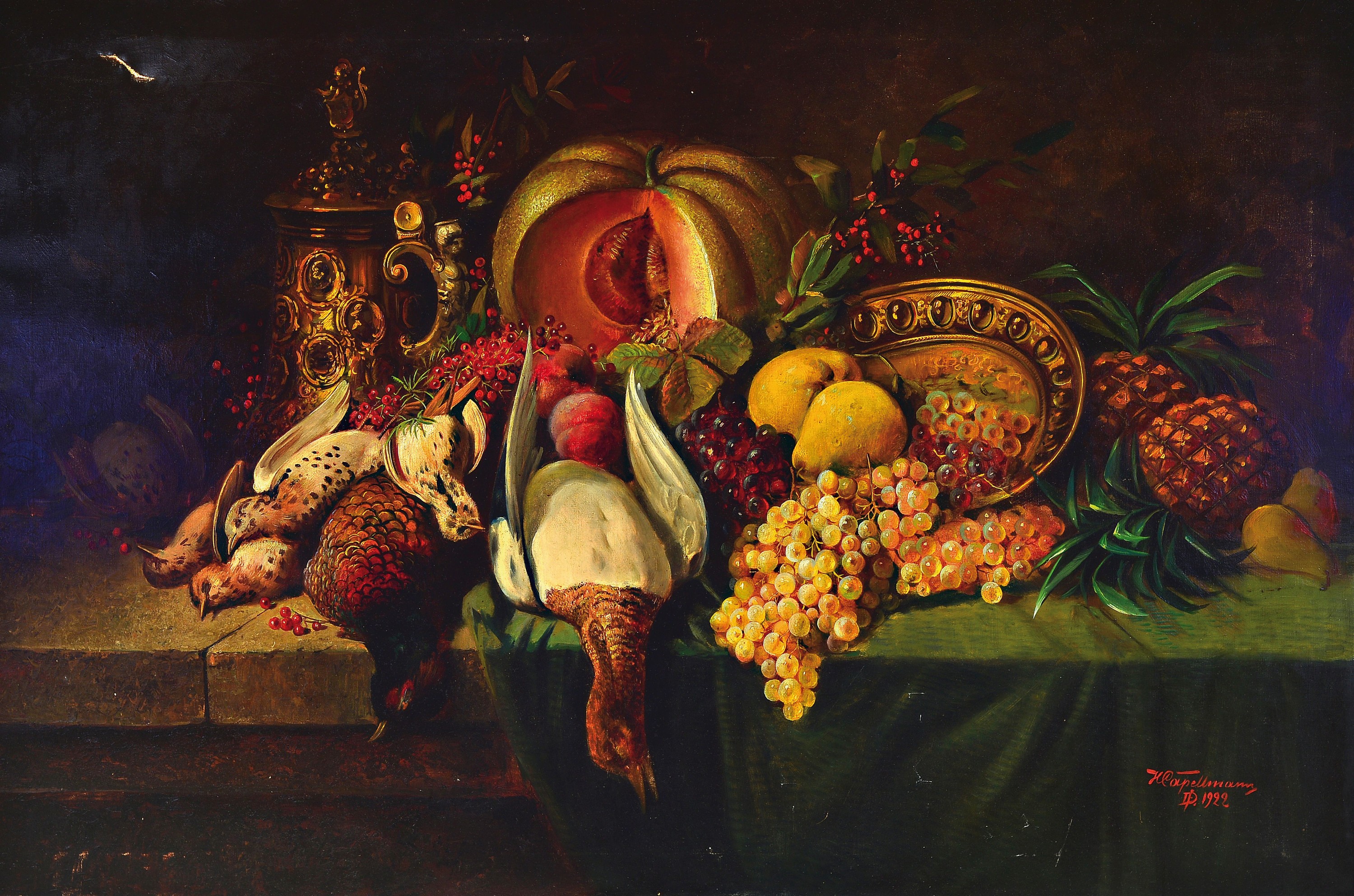 Hermann Capellmann, 1886 - 1967, großes Renaissance-Stillleben, Öl/Lwd,, signiert und dat. 1922, re. oben, Riss in der Leinwand, 80 x 118 cm, Rahmen