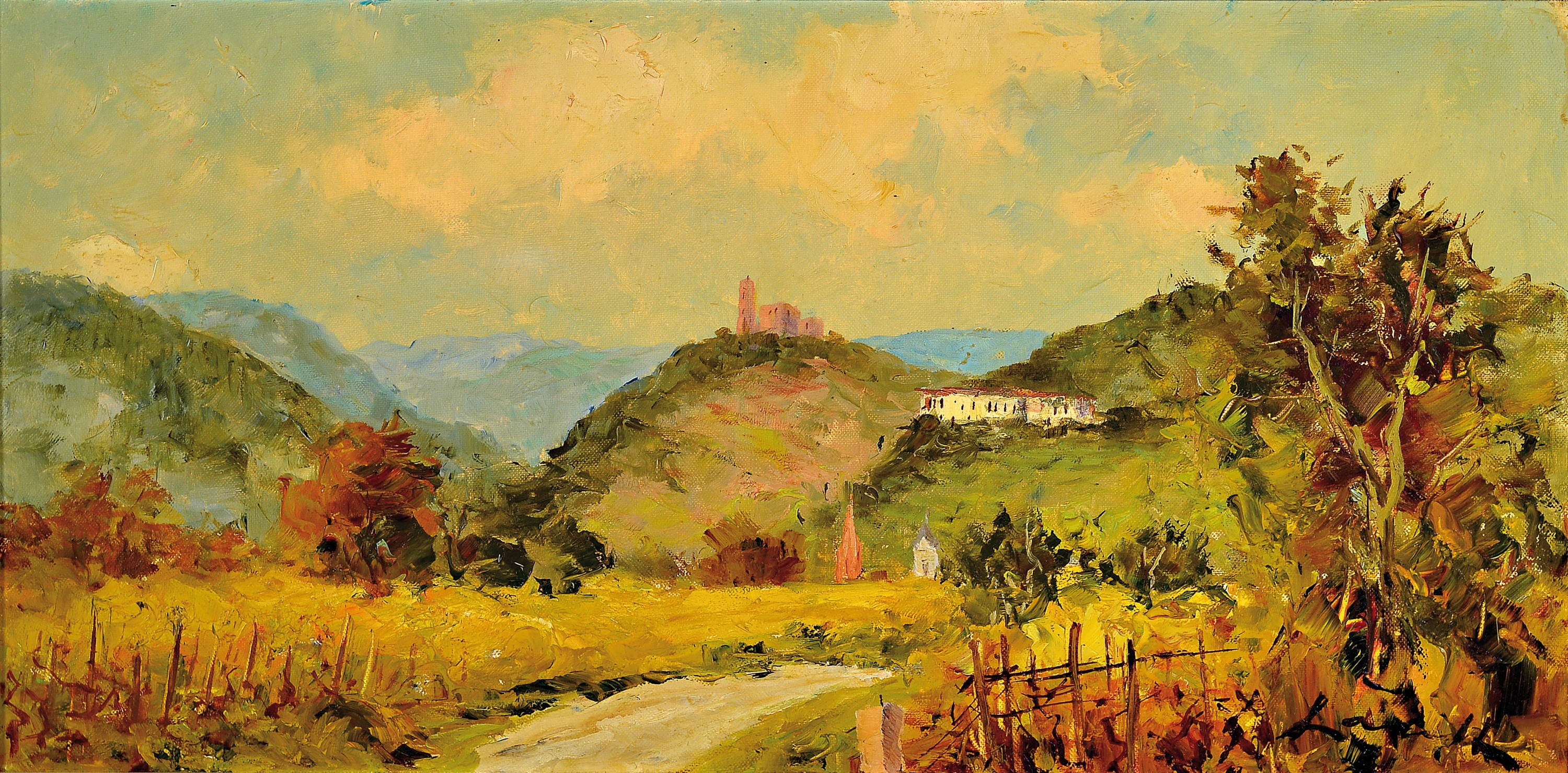 Robert Lauth, 1896-1985 Ludwigshafen am Rhein, pfälzer Landschaft, Blick auf die Villa Ludwigshöhe und die Riedburg, rechts unten signiert, ...
