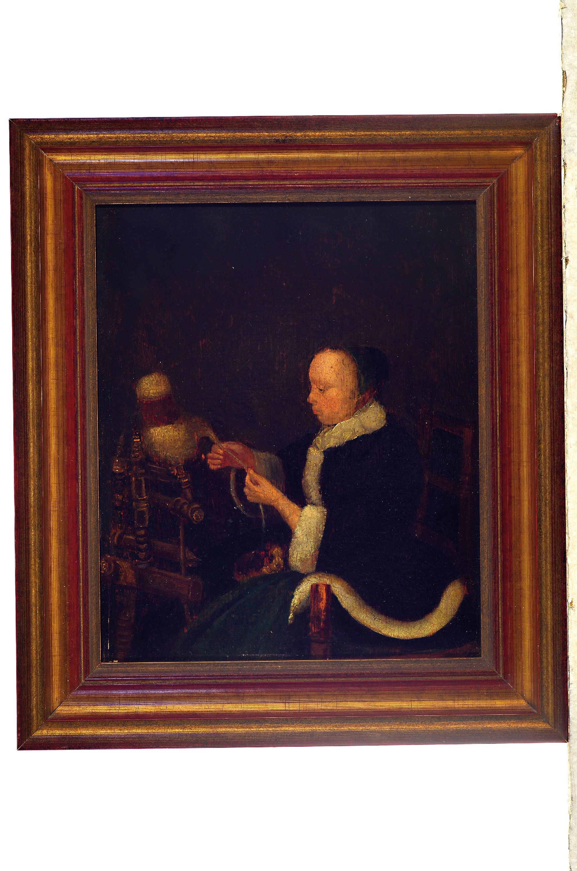 Detail k: Kopist nach Gerard Ter Borch (1617-1681), spätes 18.Jh., Die Spinnerin, unsigniert, Öl/Holzplatte (angeschrägt), 31x26 cm, Rahmen 41x36 cm
