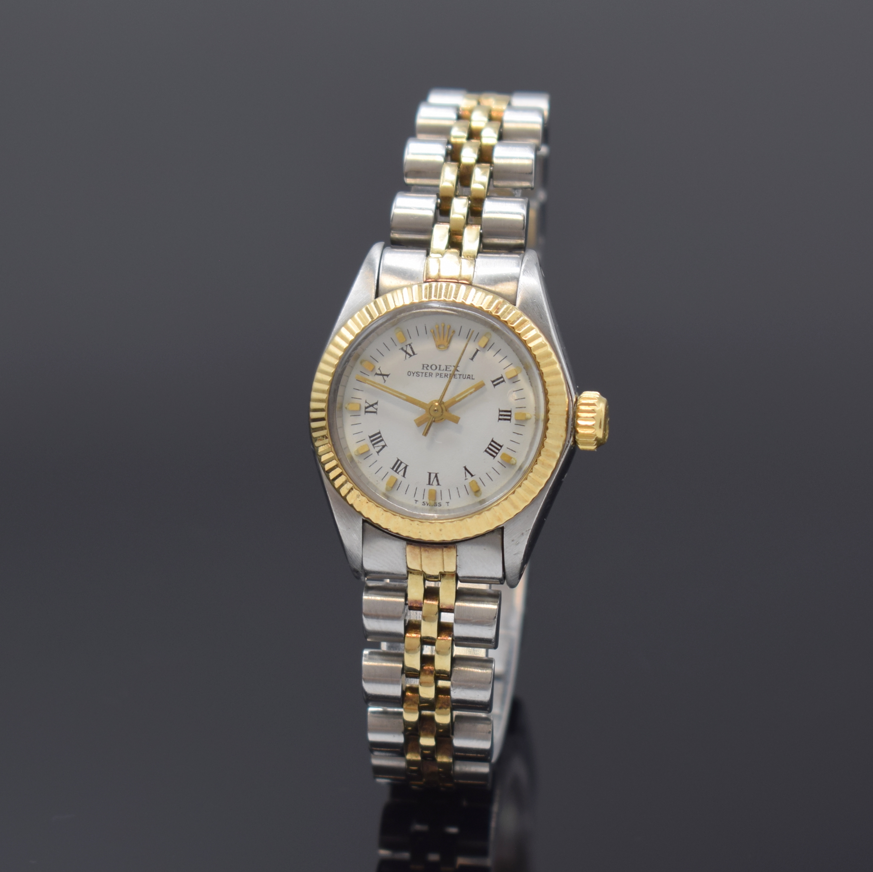 ROLEX Damenarmbanduhr Oyster Perpetual Referenz 6719, Schweiz um 1979, Automatik, Edelstahl/Gold kombiniert inkl. Jubileeband m. Faltschl., Boden und ...