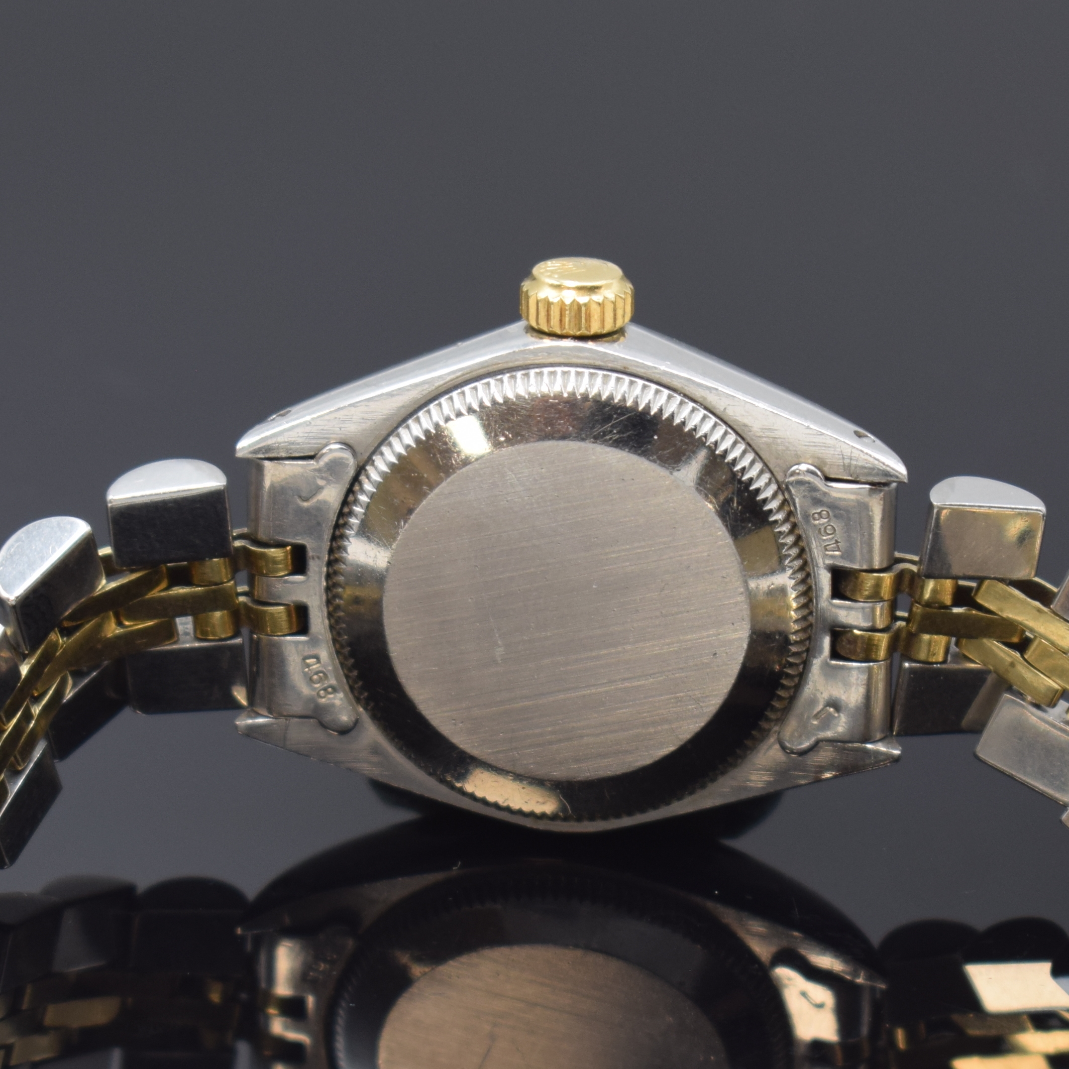 Detail d: ROLEX Damenarmbanduhr Oyster Perpetual Referenz 6719, Schweiz um 1979, Automatik, Edelstahl/Gold kombiniert inkl. Jubileeband m. Faltschl., Boden und ...