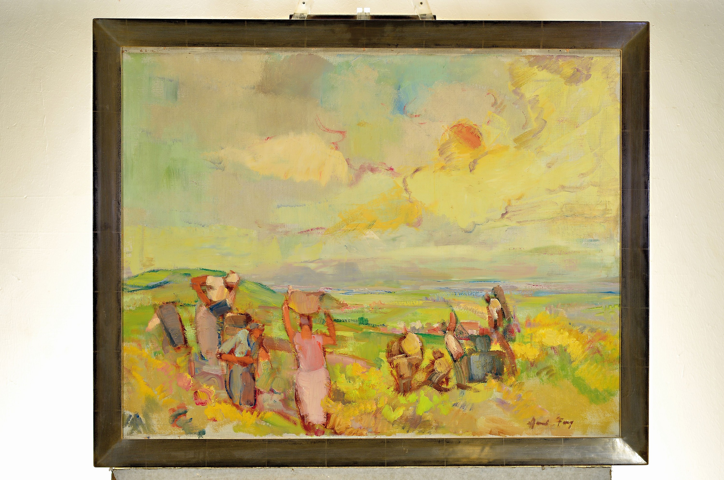 Detail k: Hanns Fay, 1888 Frankenthal-1957 Neustadt, Herbstlandschaft mit Weinlese, Öl/Karton, rechts unten signiert, 62x78 cm, Rahmen 70x86 cm