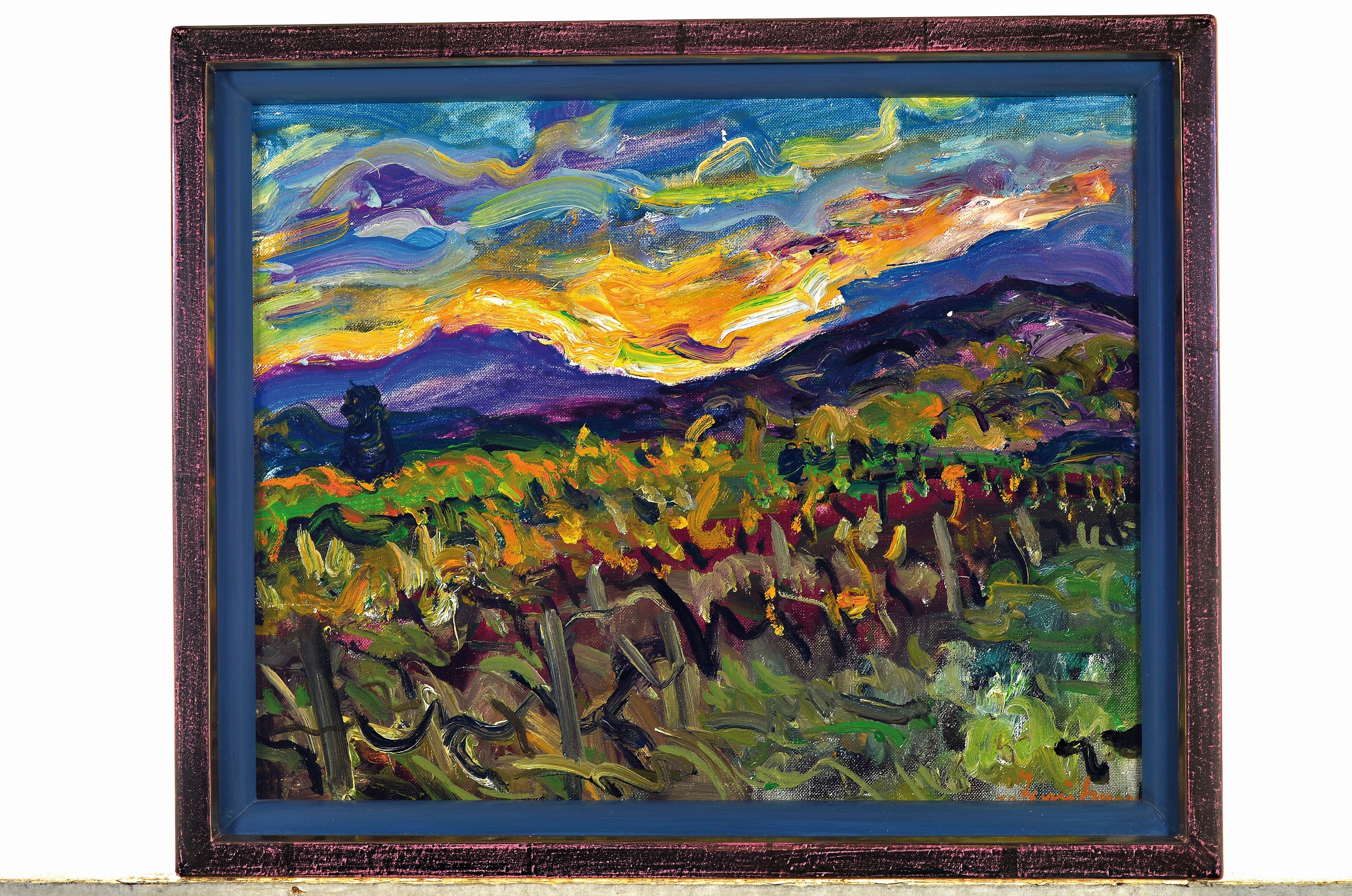Detail k: Werner Trautmann, 1913 Obermoschel-2007 Neustadt, pfälzer Landschaft bei Sonnenuntergang, signiert, Öl/Karton, Rahmen 27,5x33,5 cm; Trautmann ...