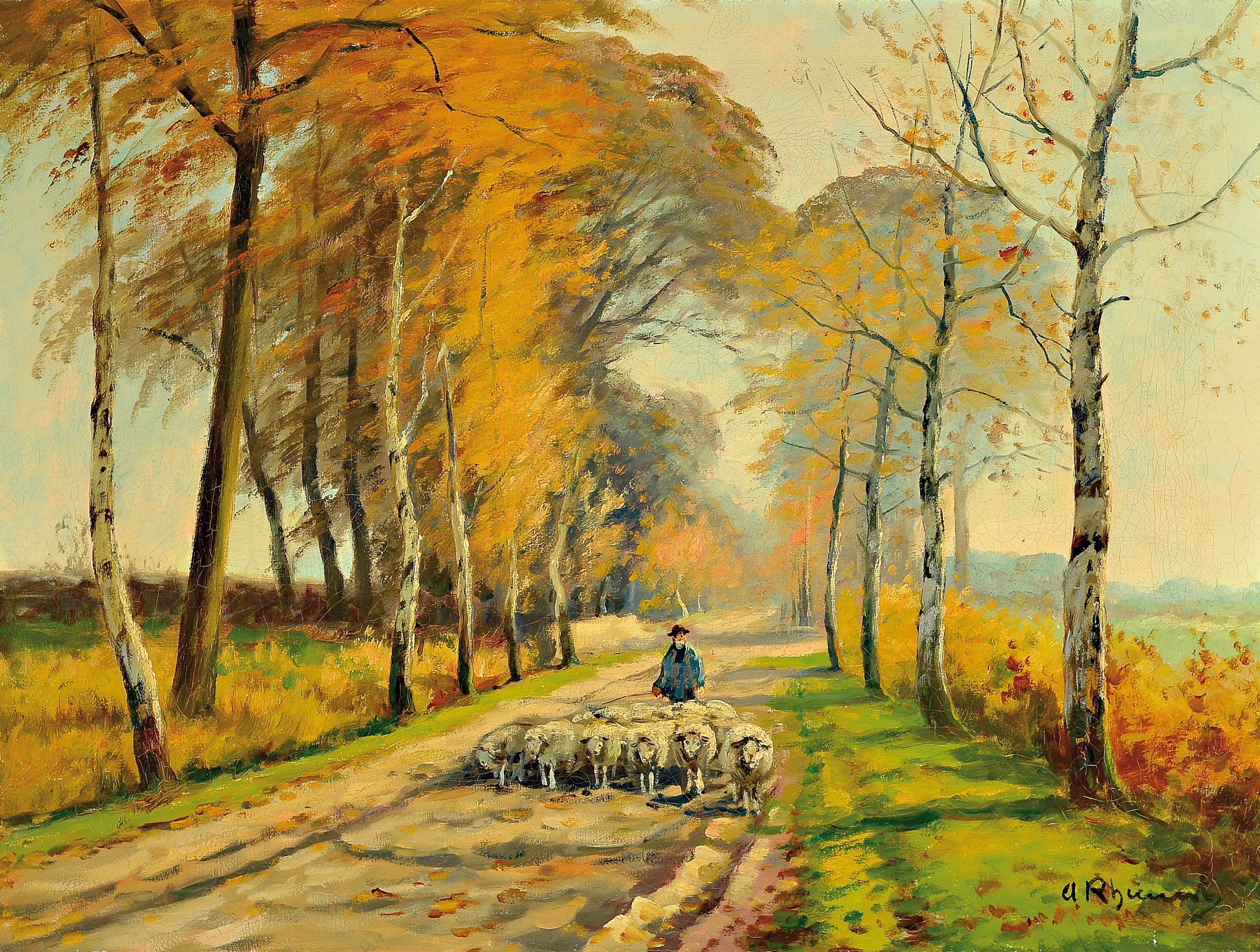 Adolf Rheinert, 1880-1958 Düsseldorf, herbstliche Allee mit Schafherde und Schäfer, rechts unten signiert, 61x81 cm, Prunkrahmen 82x103 cm