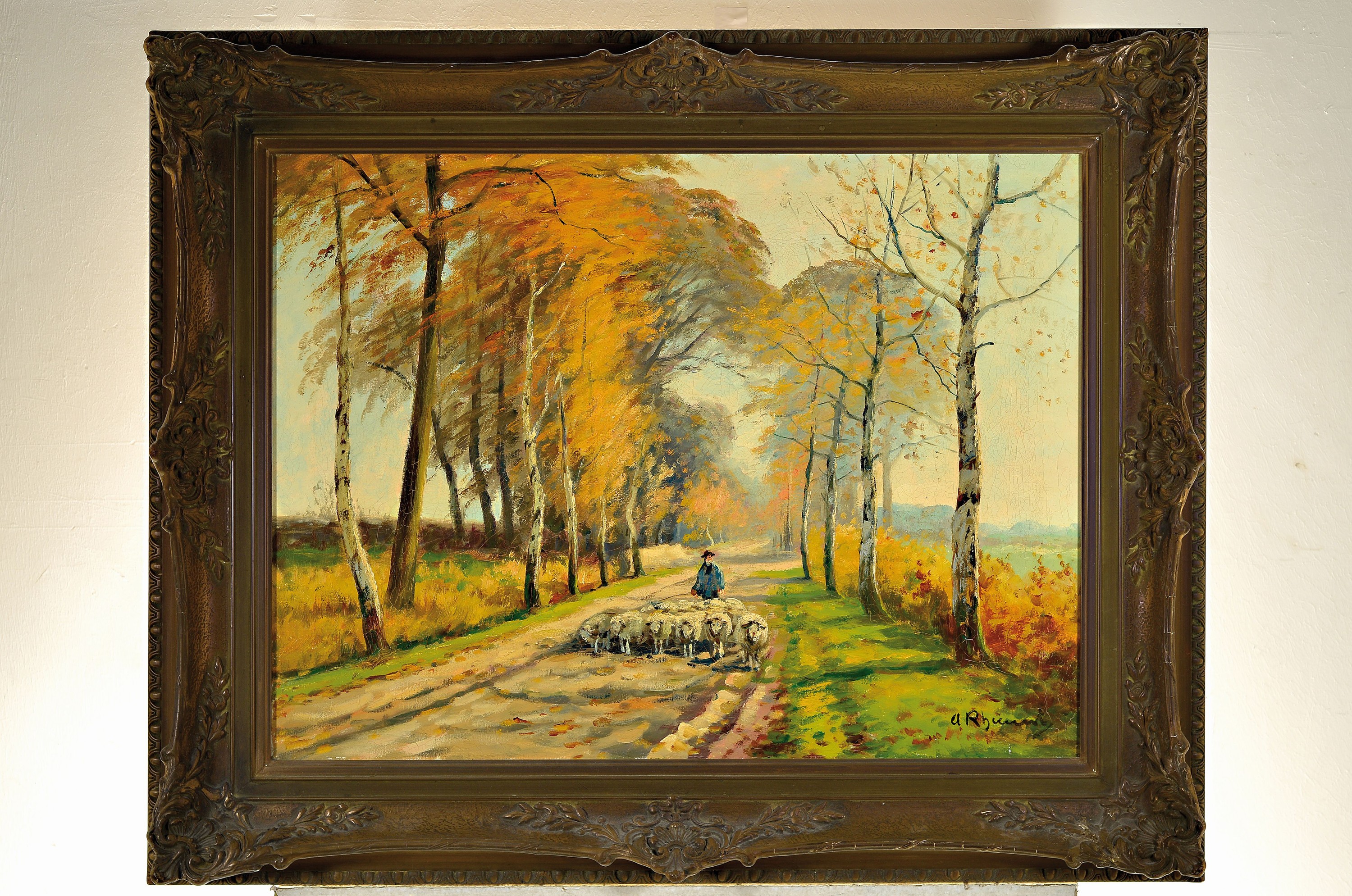 Detail k: Adolf Rheinert, 1880-1958 Düsseldorf, herbstliche Allee mit Schafherde und Schäfer, rechts unten signiert, 61x81 cm, Prunkrahmen 82x103 cm