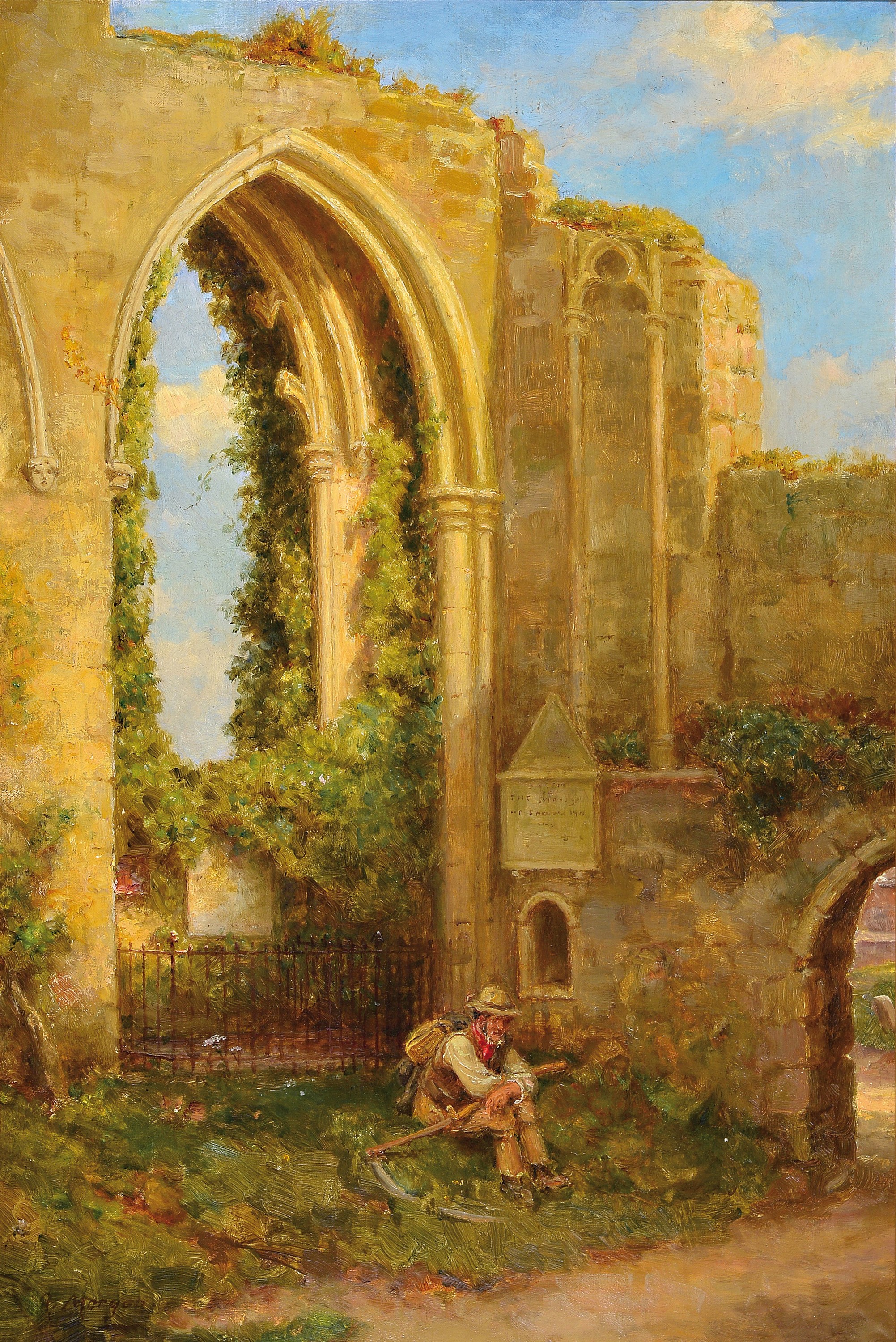 J. Morgan, Künstler 2. Hälfte 20. Jh.,, romantische Ruinenlandschaft mit rastendem Bauer, Öl/Lwd, signiert, ca. 75 x 50 cm, Rahmen