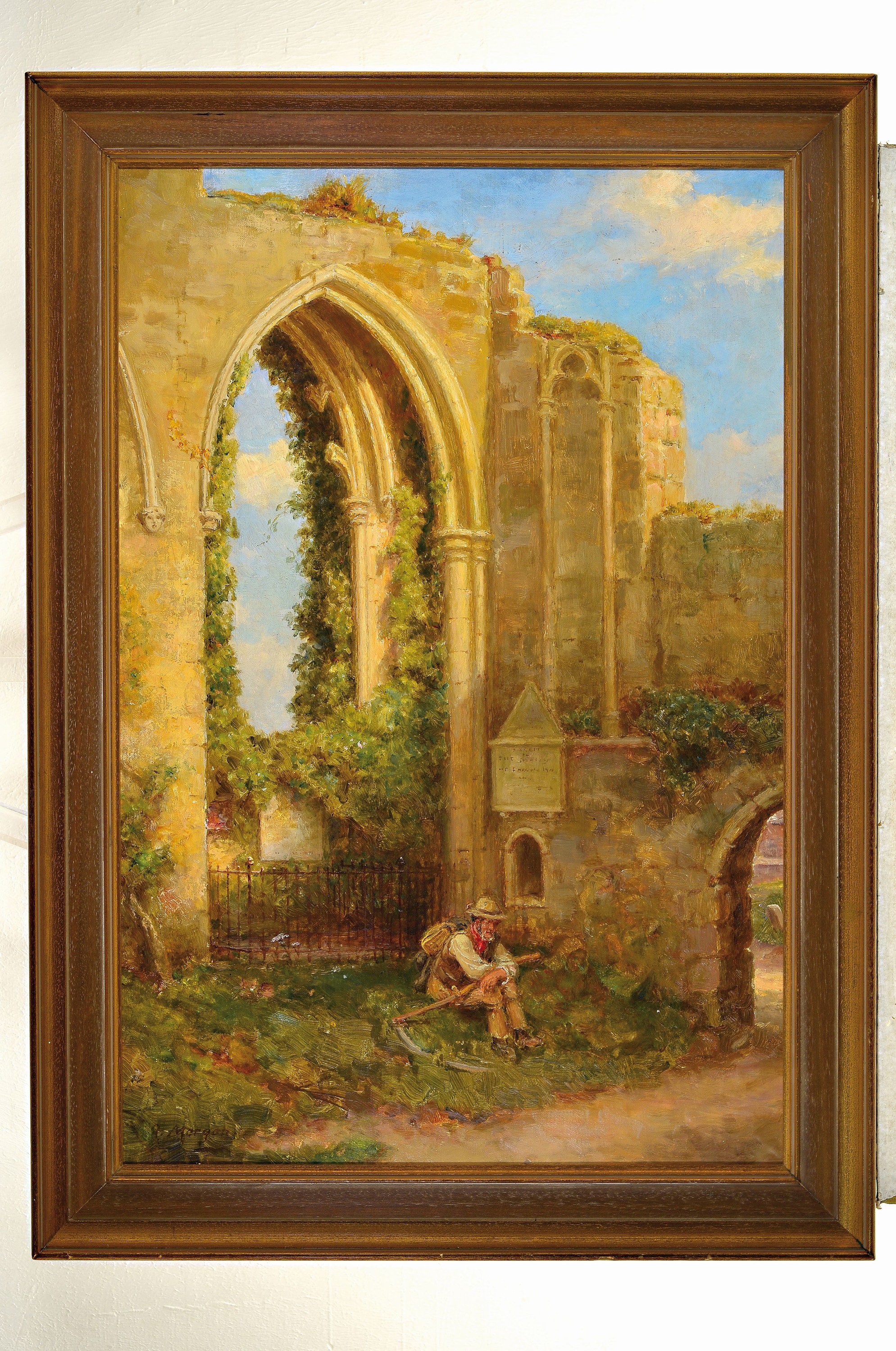 Detail k: J. Morgan, Künstler 2. Hälfte 20. Jh.,, romantische Ruinenlandschaft mit rastendem Bauer, Öl/Lwd, signiert, ca. 75 x 50 cm, Rahmen