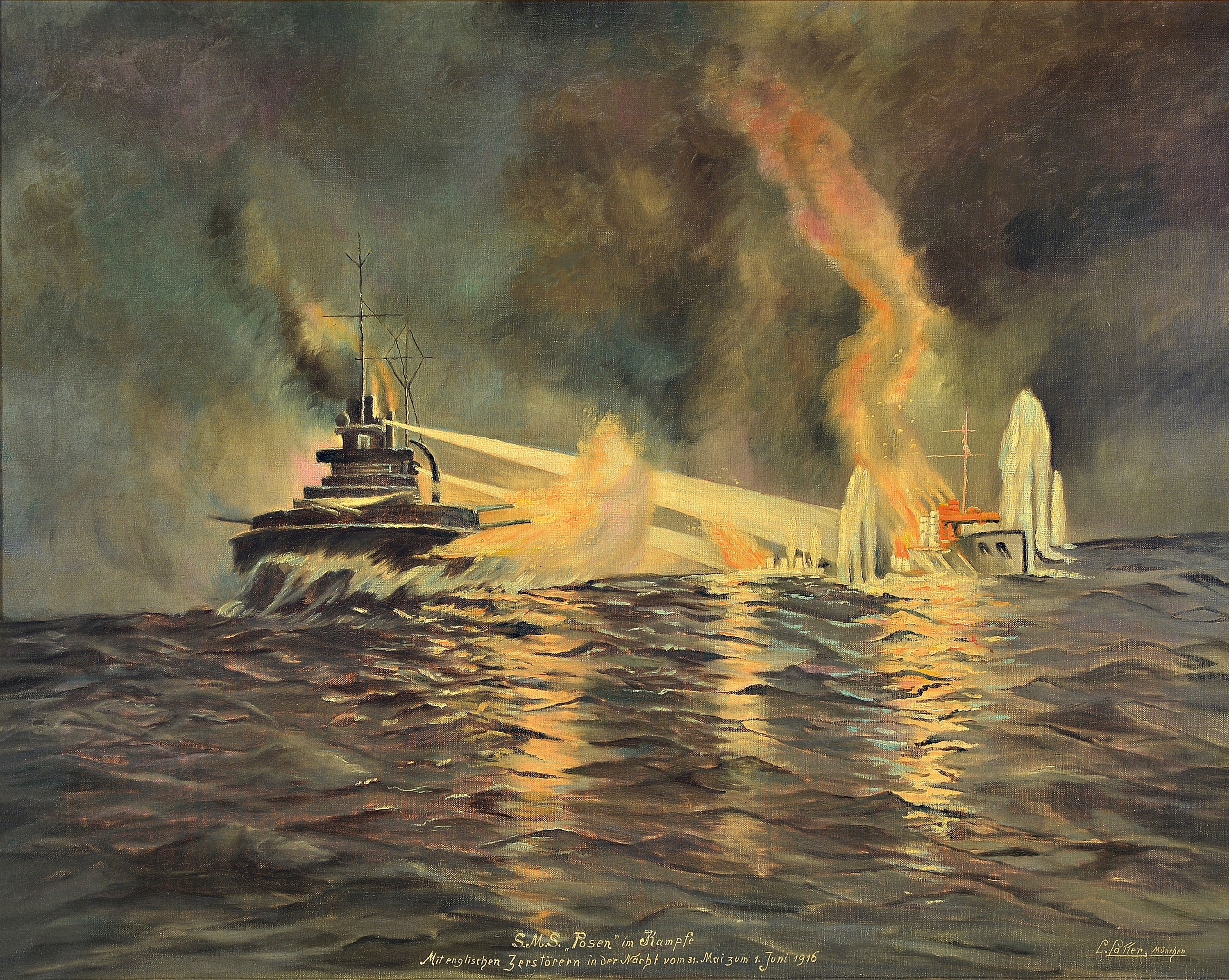 L. Lotter, München, Ansicht des Kriegsschiffes "SMS Posen" im Kampf mit englischen Zerstörern in der Nacht zum 31. Mai zum 1. Juni 1916, ...