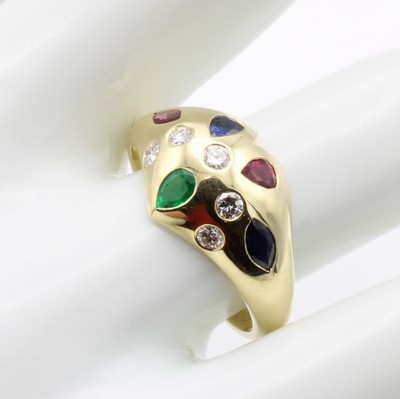 Image Ring mit Farbsteinen und Brillanten, GG 585/000, Smaragd, Rubine u. Saphire, Brill. zus. ...