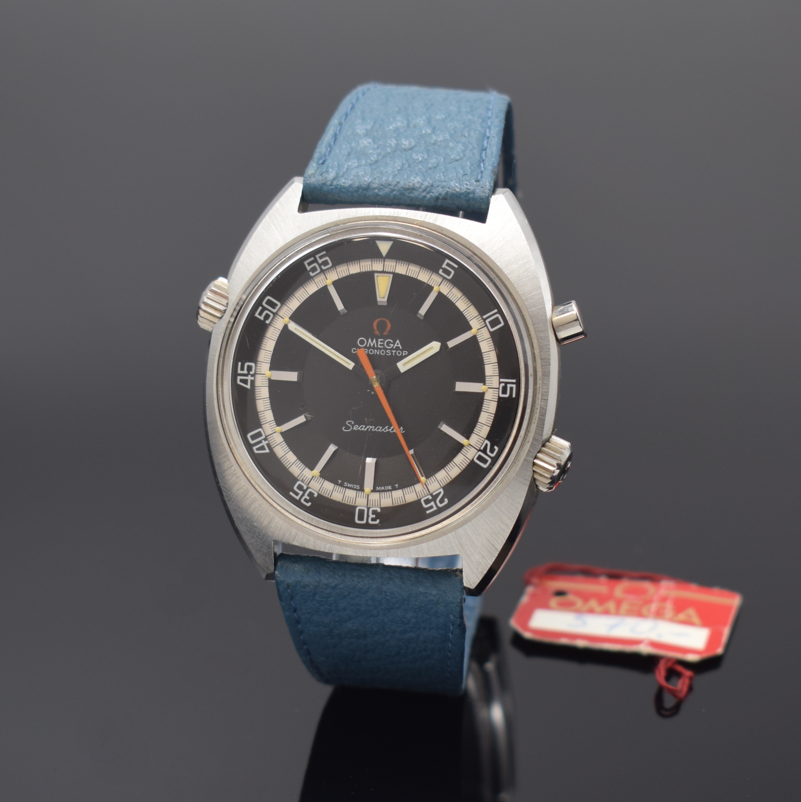 OMEGA Seamaster Chronostop nahezu neuwertige Herrenarmbanduhr in Stahl Referenz 145.008, Schweiz um 1969, Handaufzug, verschr. 2-tlg. Geh. m. ...
