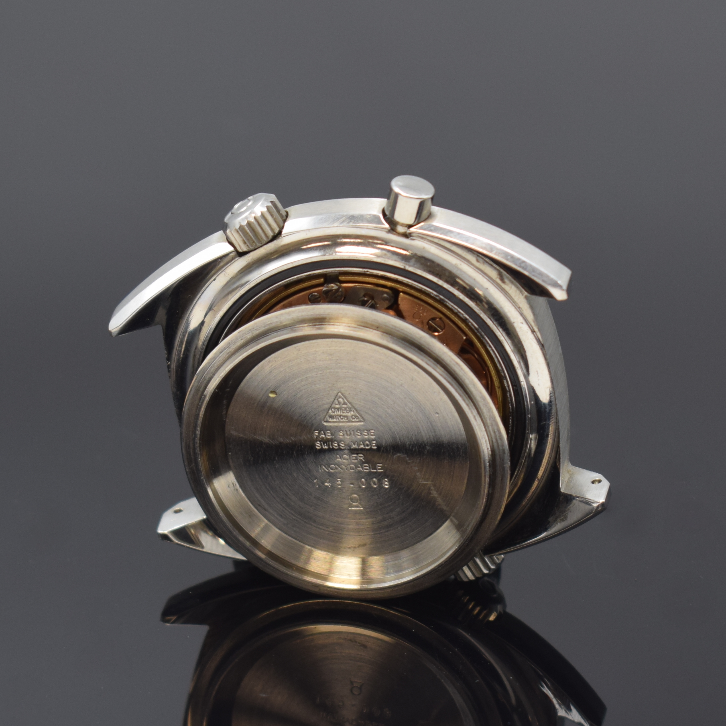 Detail g: OMEGA Seamaster Chronostop nahezu neuwertige Herrenarmbanduhr in Stahl Referenz 145.008, Schweiz um 1969, Handaufzug, verschr. 2-tlg. Geh. m. ...