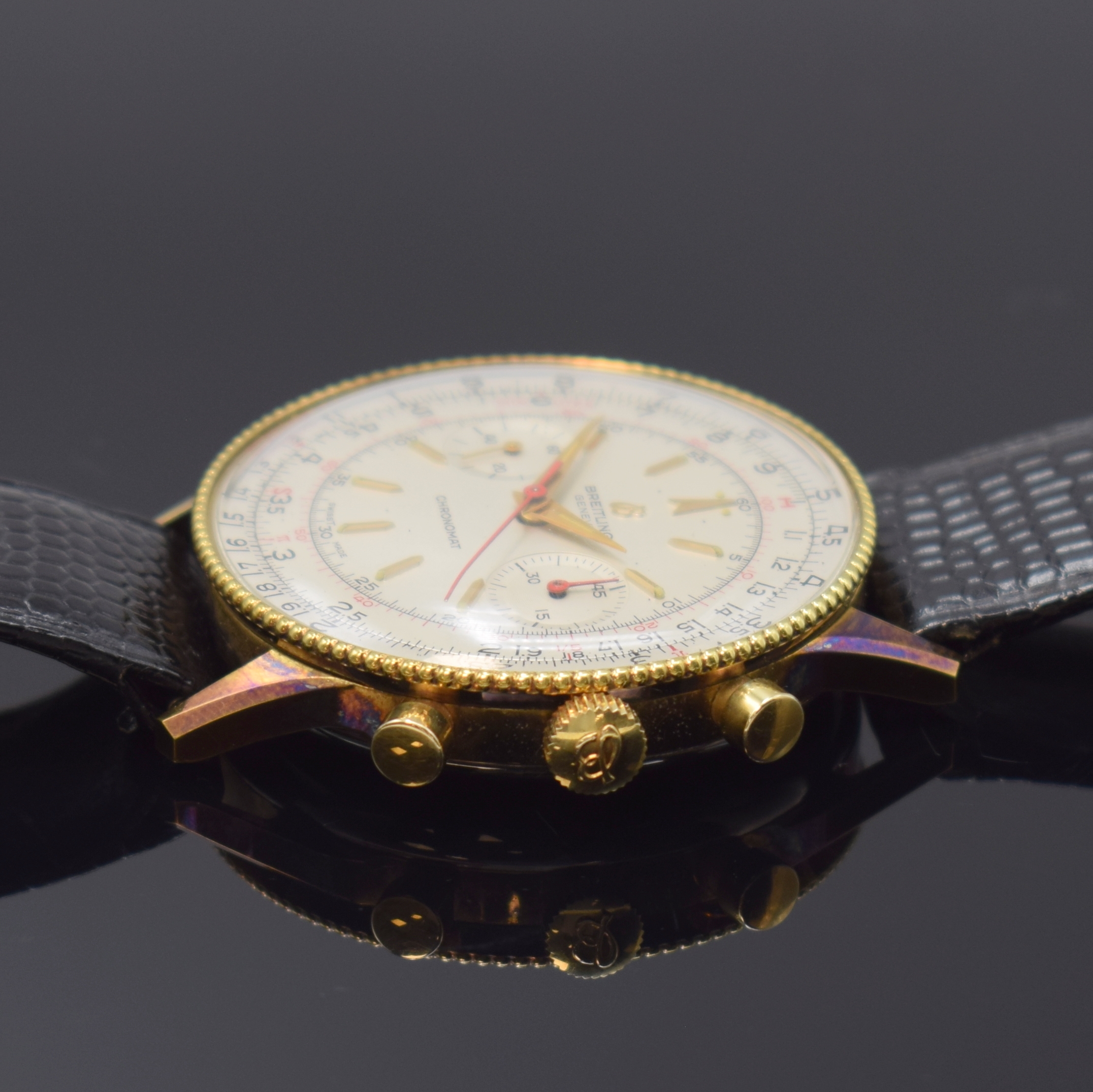 Detail b: BREITLING Chronomat seltene, nahezu neuwertige Herrenarmbanduhr mit Schaltradchronograph Referenz 808, Schweiz um 1966, Handaufzug, verg. Geh. inkl. ...