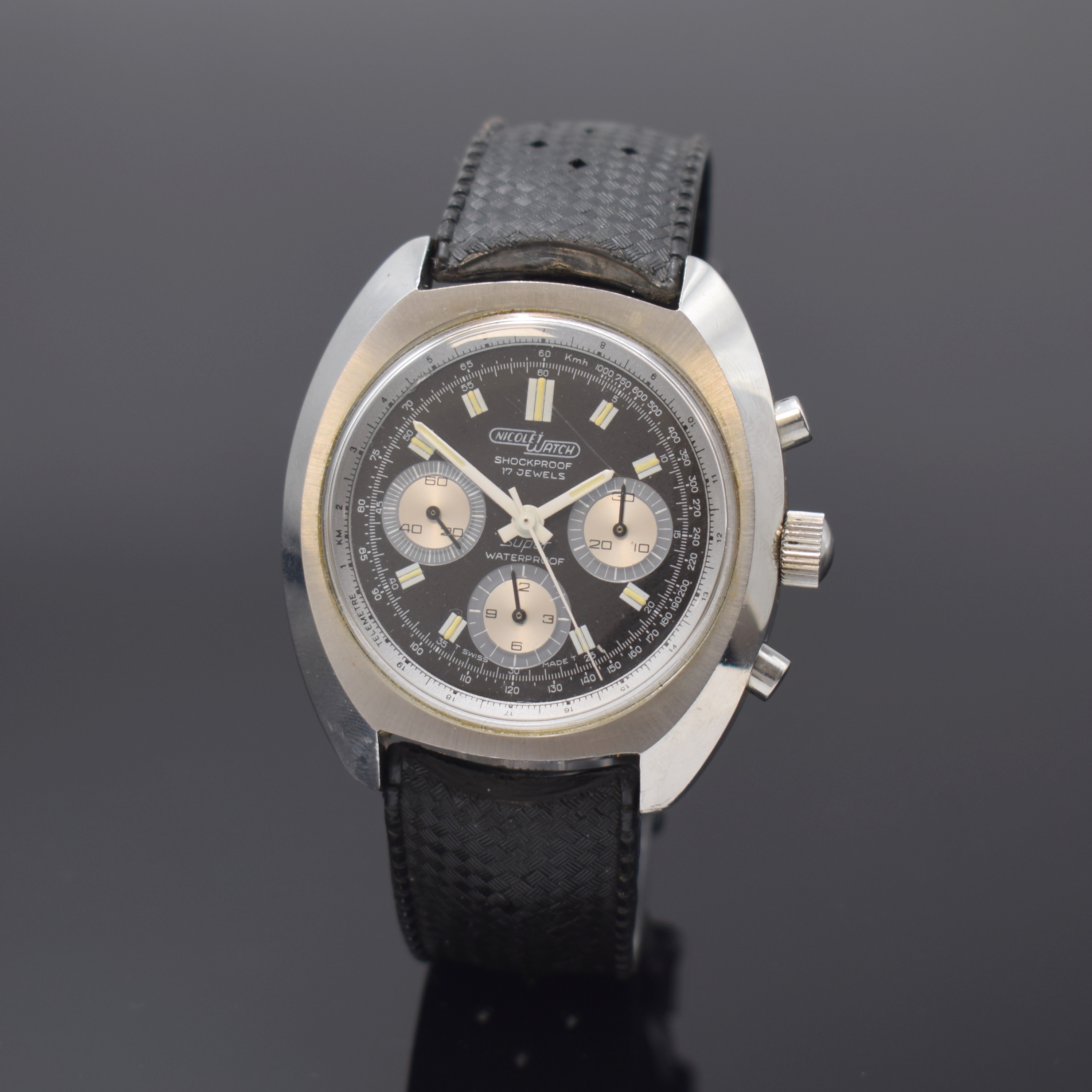 NICOLET WATCH Taucher-Chronograph Referenz 965101 G, Handaufzug, Schweiz um 1972, massives Edelstahlgeh. inkl. orig. Tropic- Band, Boden verschr., ...