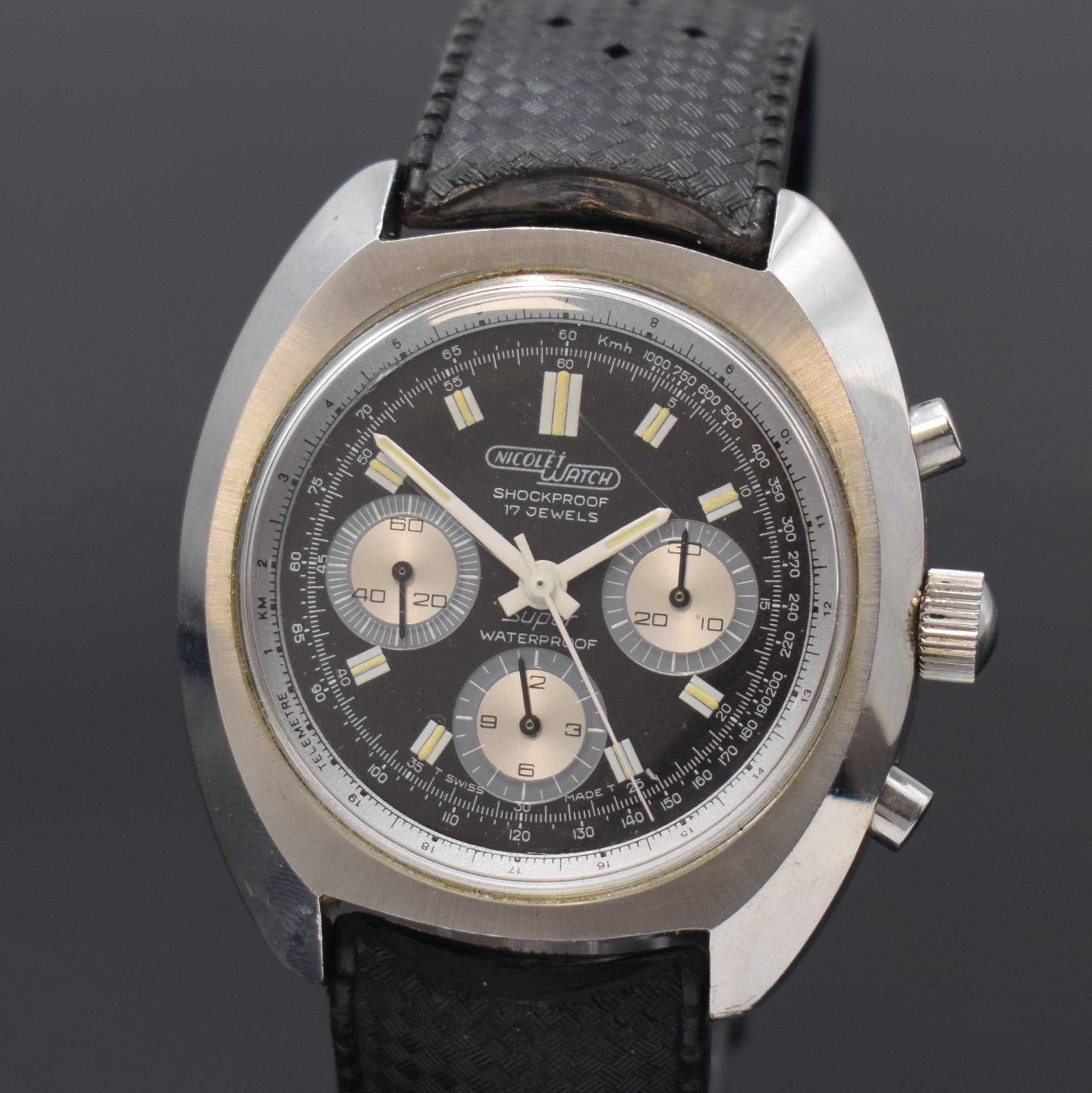 Detail a: NICOLET WATCH Taucher-Chronograph Referenz 965101 G, Handaufzug, Schweiz um 1972, massives Edelstahlgeh. inkl. orig. Tropic- Band, Boden verschr., ...