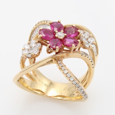 Image Ring "Blüten" mit Rubinen, Diamanten und Brillanten, RG 750/000, 5 Rubine ...