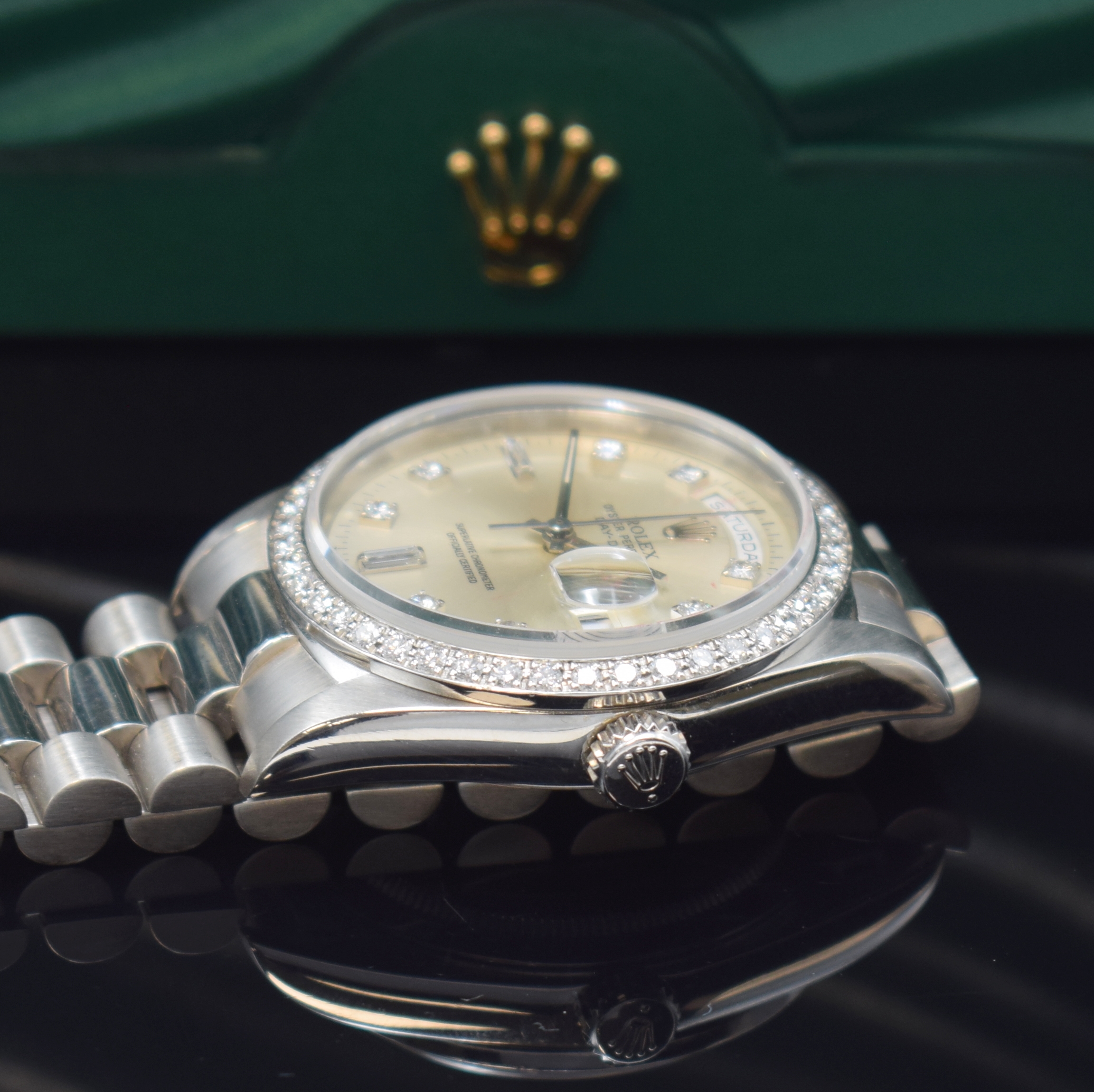 Detail d: ROLEX Armbanduhr Oyster Perpetual Day-Date Referenz 18346, Automatik, Schweiz um 1990, L-Serie, Chronometer der Superlative in Platin inkl. ...