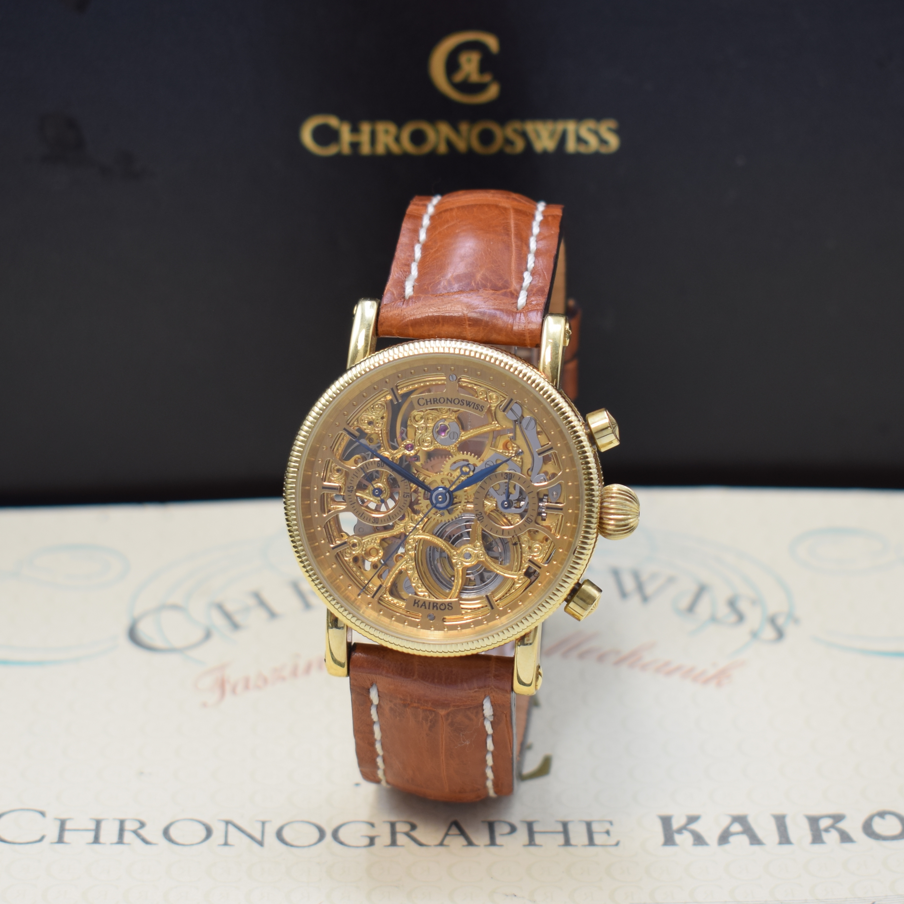 CHRONOSWISS KAIROS auf 600 Stück limitierte Herrenarmbanduhr mit Chronograph in GG 750/000 Referenz CH 2321, Schweiz um 1992, Handaufzug, beids. ...