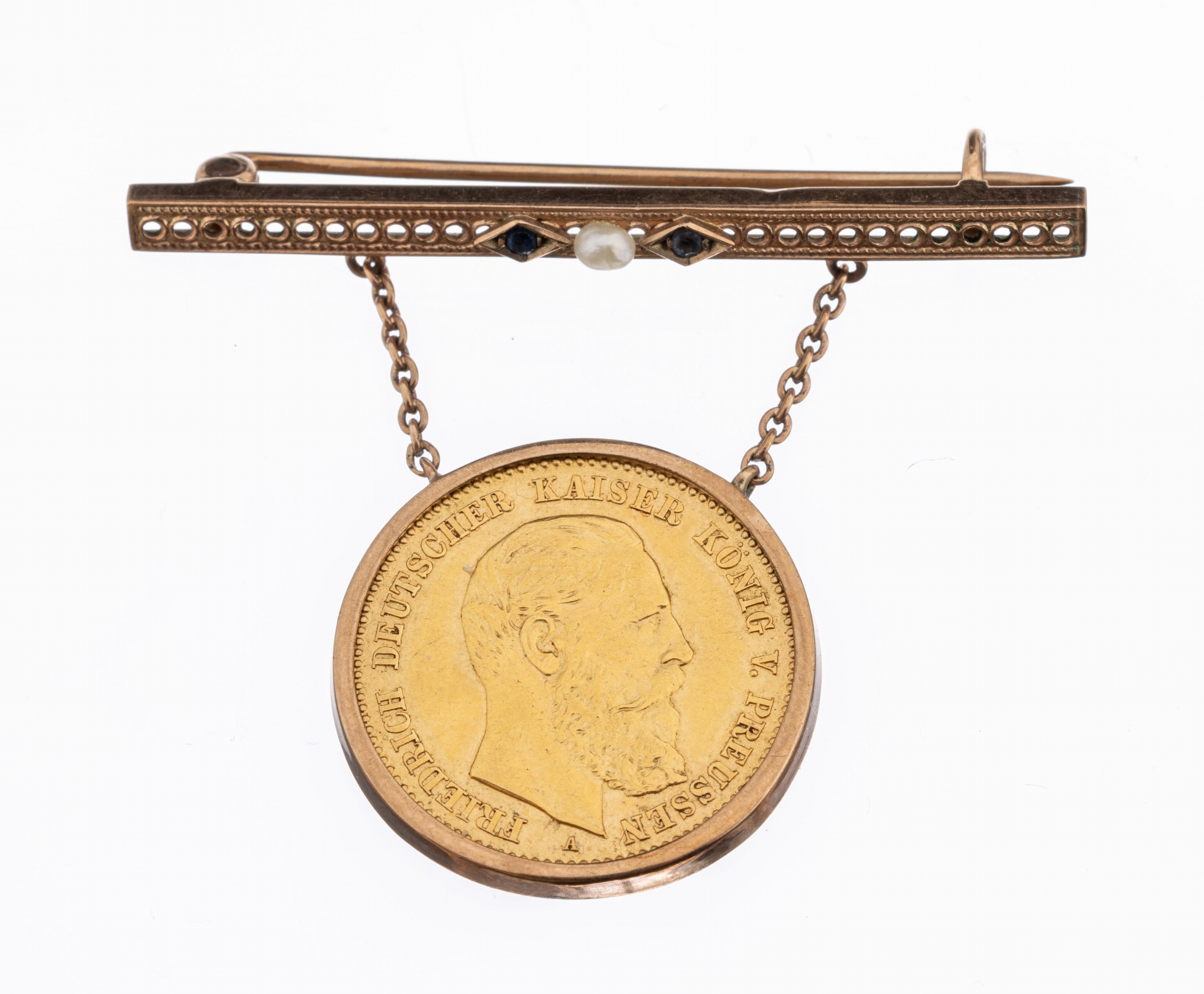 8 kt Gold Münz-Brosche, um 1900, RoseG 333/000, länglicher Stab, durchbrochen gearbeitet, 2 kl. rundfacett. Saphire und 1 kl. unrunde Naturperle, ...